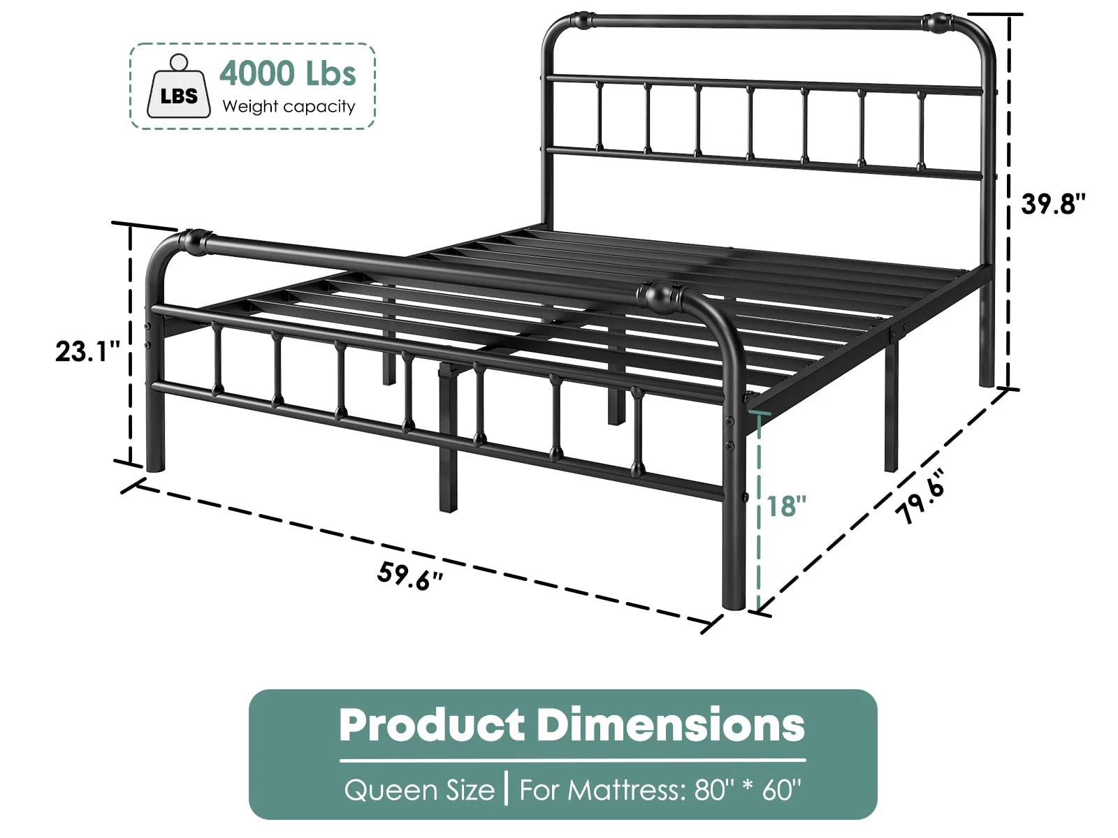 QFTIME Queen Bed Frame with Headboard, Heavy-Duty Metal Platform Bed Frame with 18