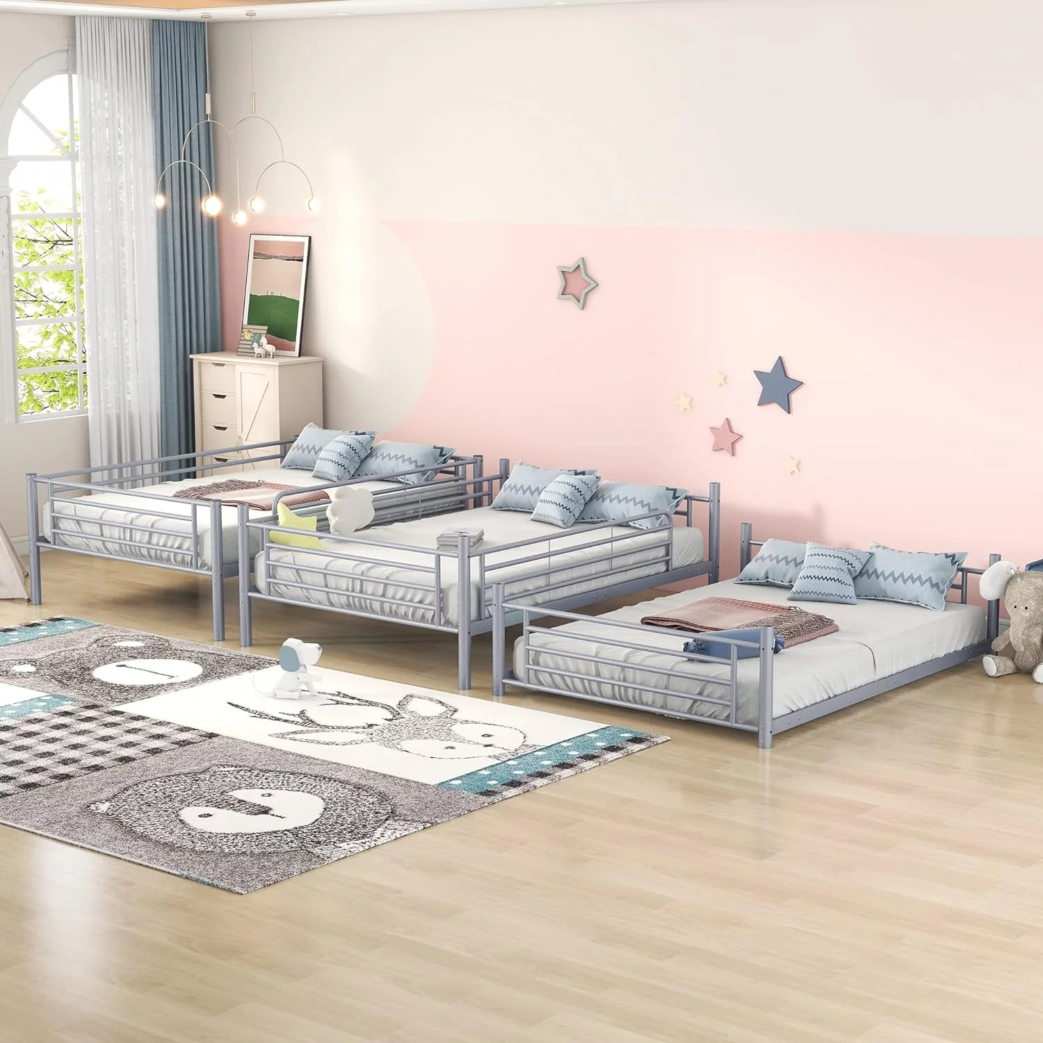 Tabaray Triple Beds Full-Full-Full Floor Bunk Bed with 2 Convertible Ladders and Iron Slats, Steel Bedframe with Guardrails for Teens Adults Boys Girls (Grey)