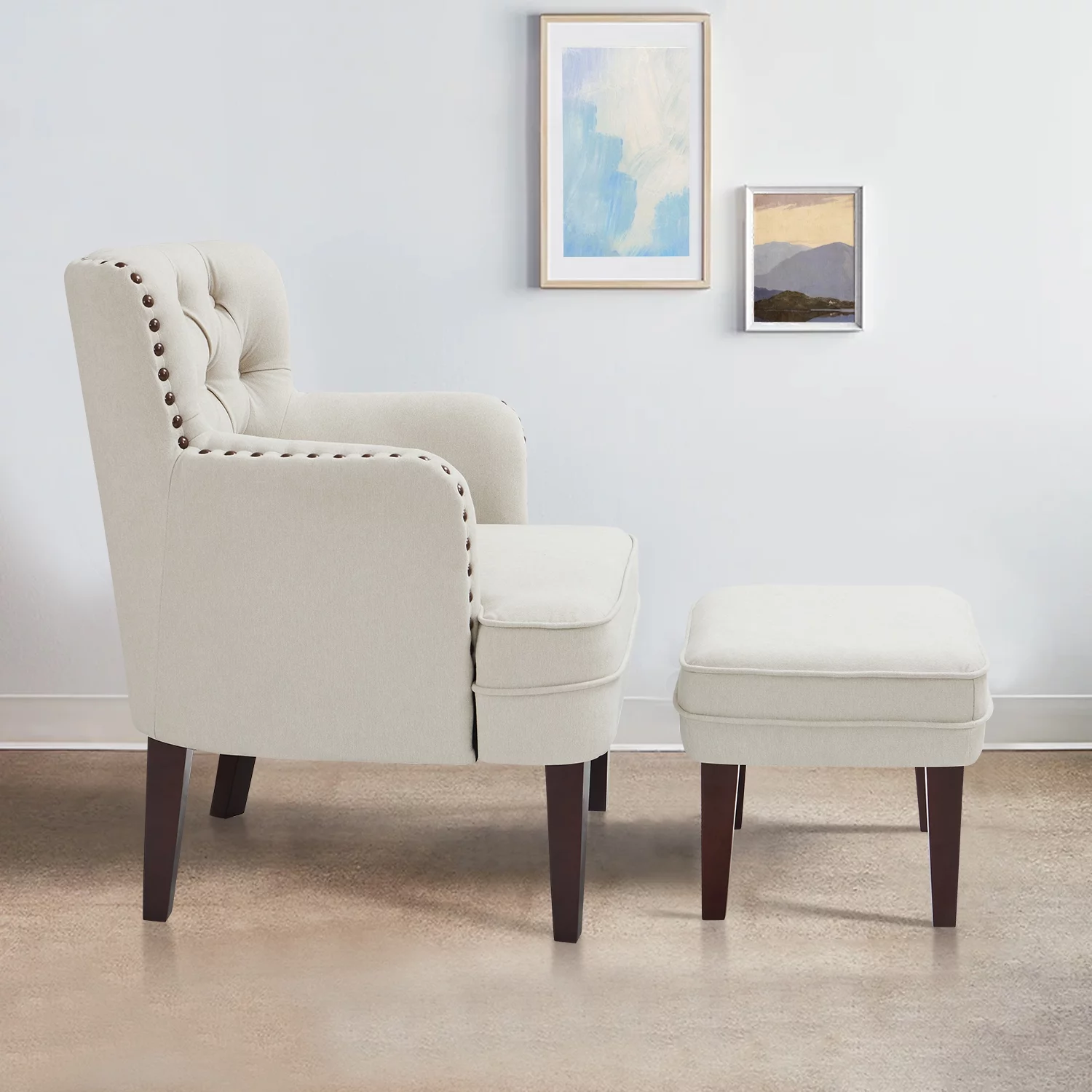 Accent Chair with Ottoman, Button Tufted Armchair for Bedroom Living Room(Beige)