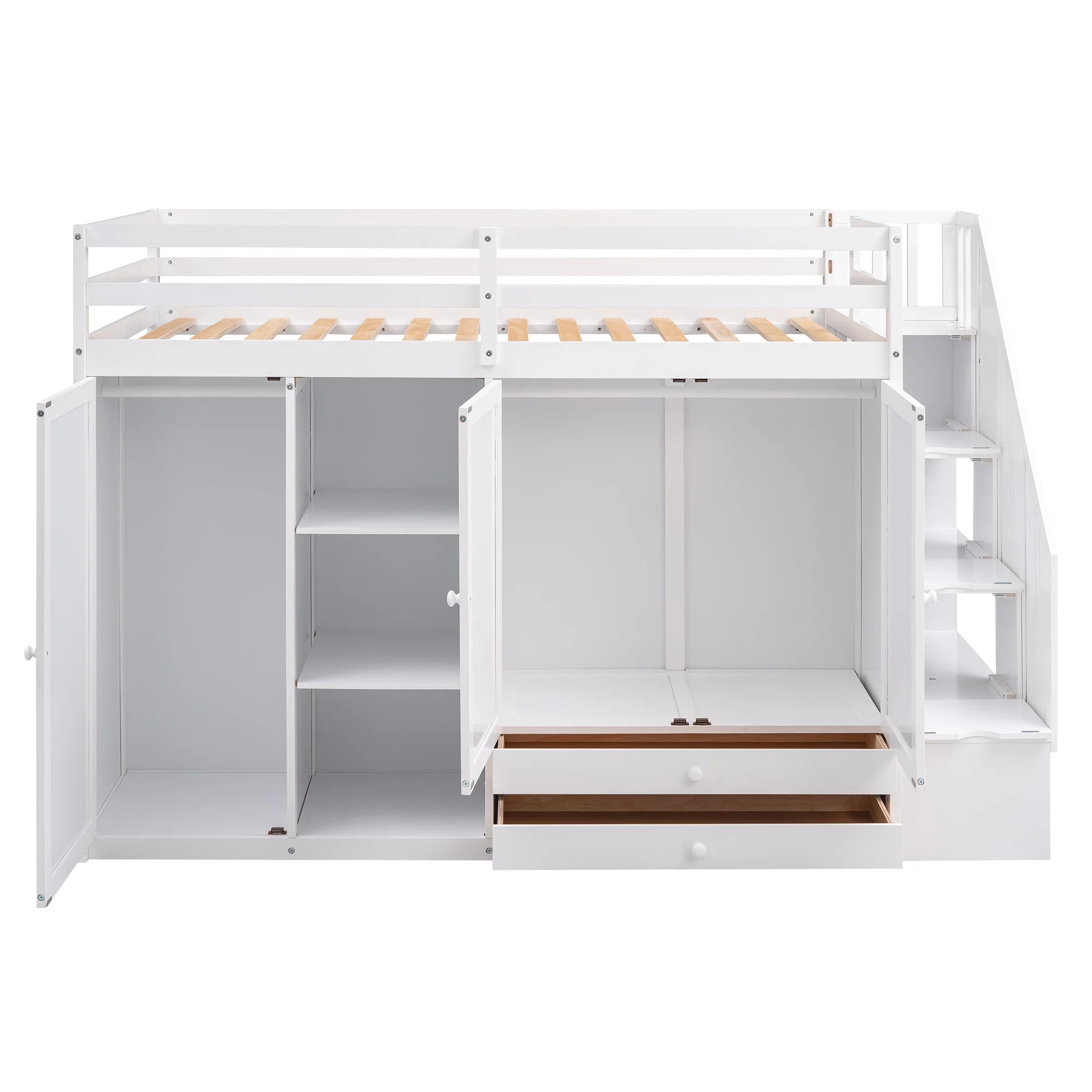 Functional Twin Wood Loft Bed with 3 Shelves, 2 Wardrobes and 2 Drawers, Ladder with Storage, Staircase, Loft Bed with Shelves, Loft Twin Bed for Teenagers, Multiple Functions Bed(White)