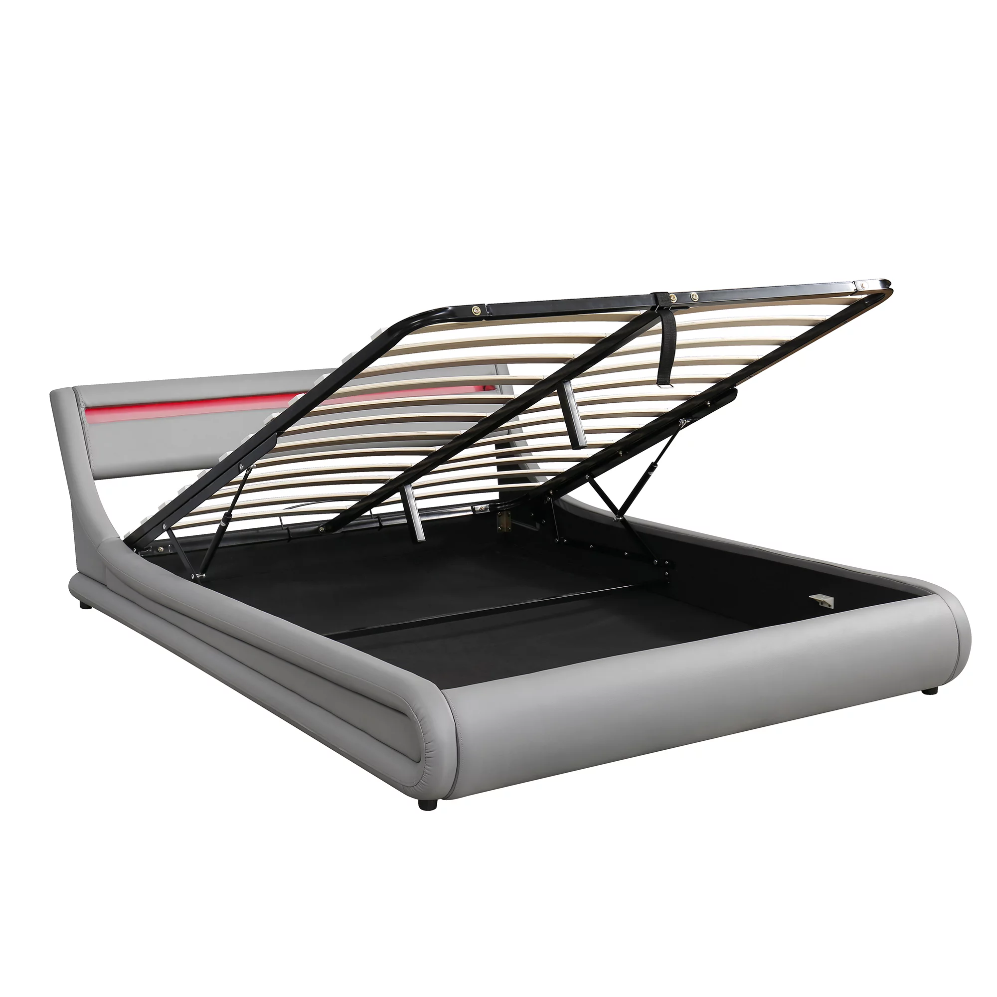 Modern Faux Leather Platform Bed with Hydraulic Storage and LED Light Headboard - Queen Size