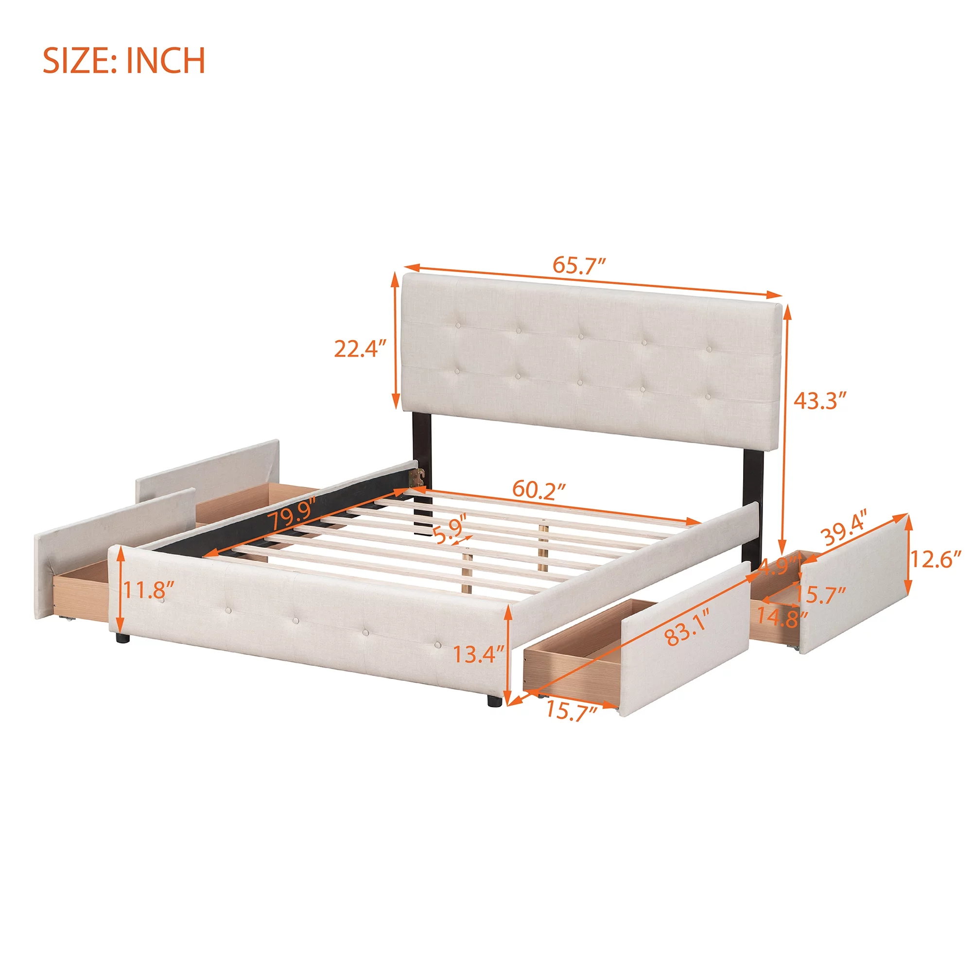 Bellemave Queen Size Upholstered Platform Bed with 4 Drawers, Storage Queen Bed Frame with Classic Headboard,Linen Fabric,Save Space Design,Beige
