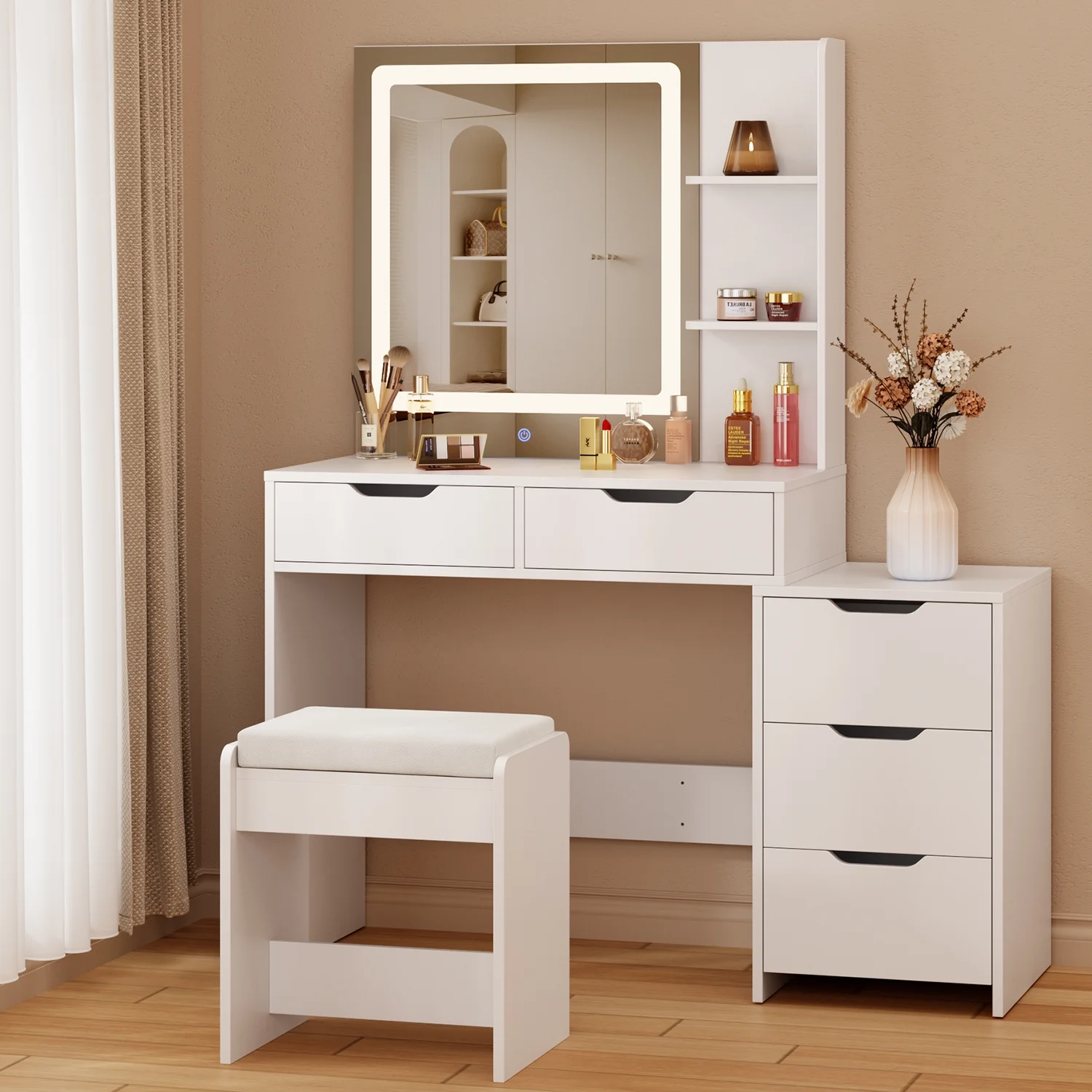 Vanity Desk, Lofka Makeup Vanity with Mirror and Lights, Large Vanity Table Set, White