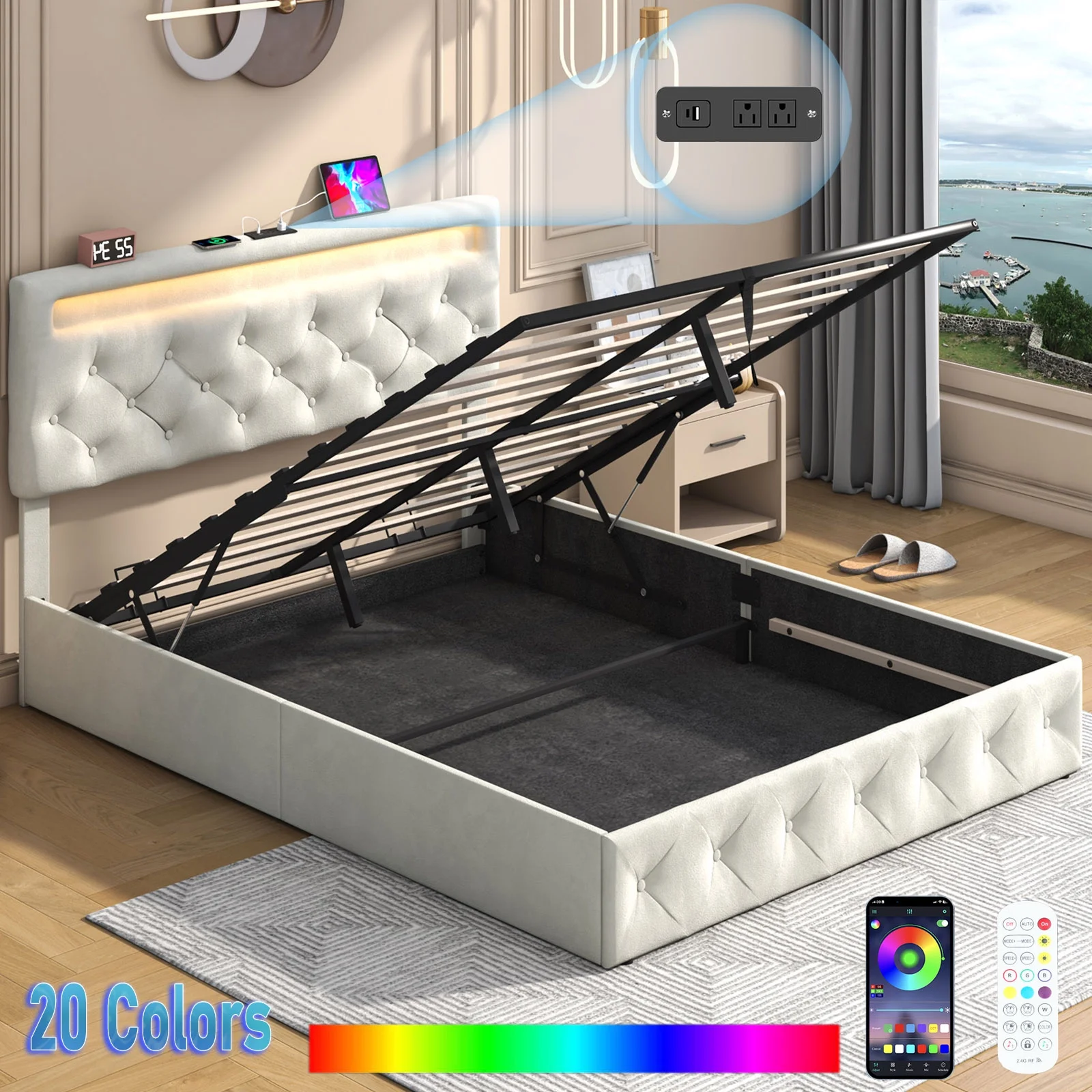Queen Lift Up Storage Bed with LED Light & Power Station & Large Under Bed Storage, Velvet Upholstered Platform Bed Frame with Adjustable Headboard(Beige-Queen)