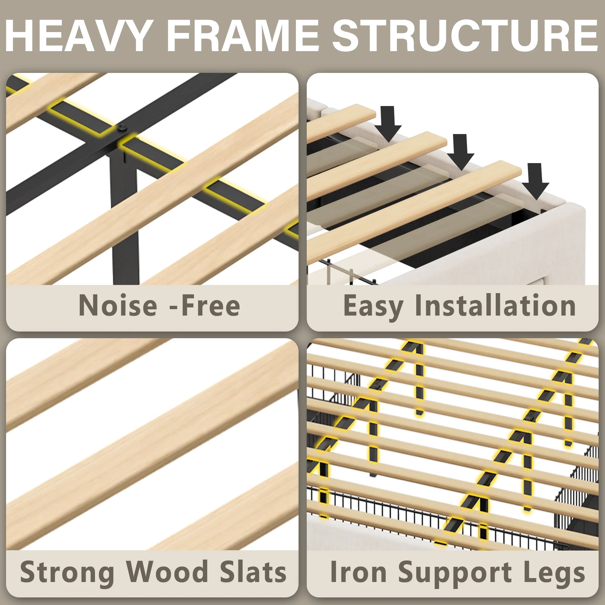 ANCTOR King Size Bed Frame with 3 Drawers, Upholstered Storage Headboard and Charging Station, No Box Spring Needed, Easy Assembly