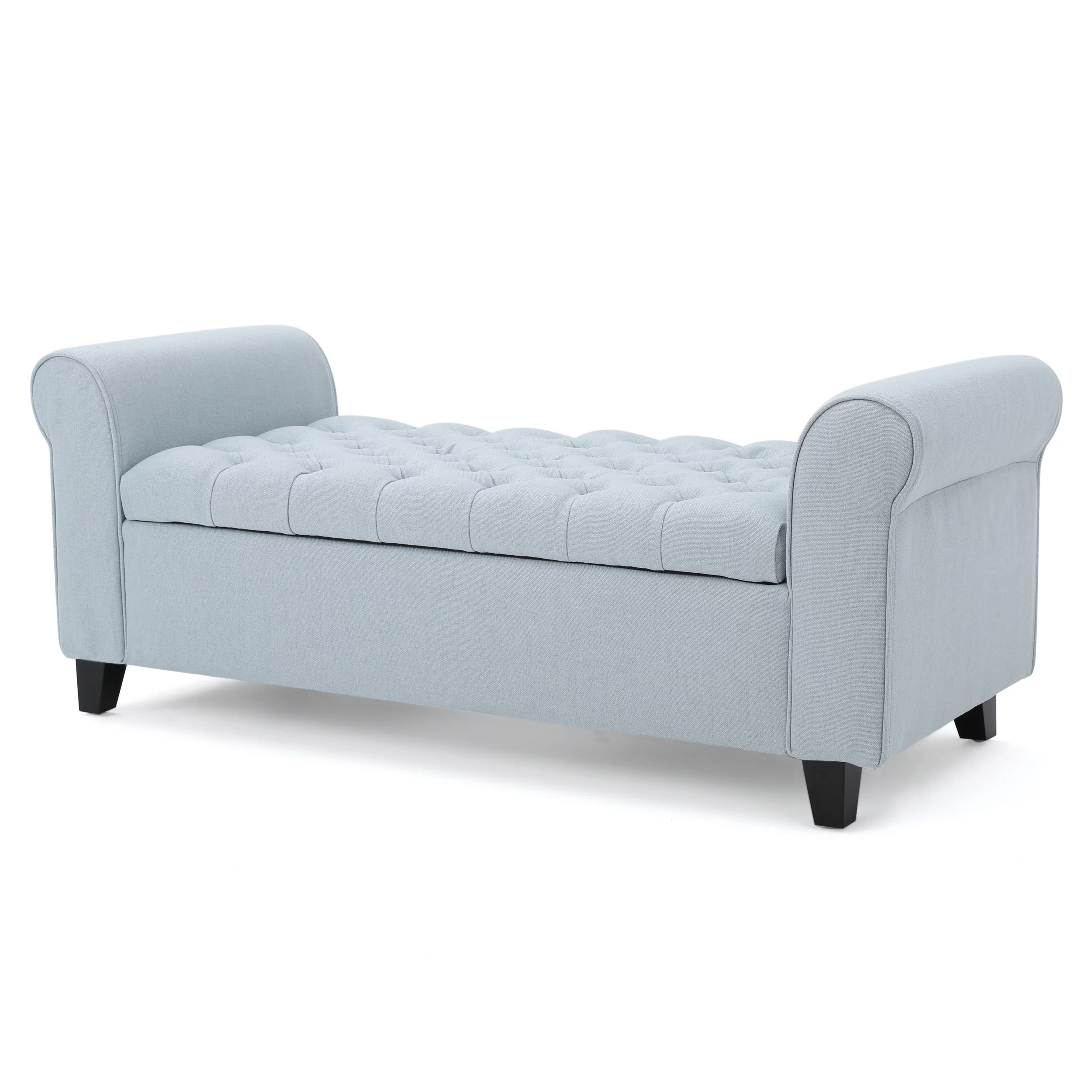 Noble House Sheffield Contemporary Rolled Arm Fabric Storage Ottoman Bench, Light Sky and Dark Brown