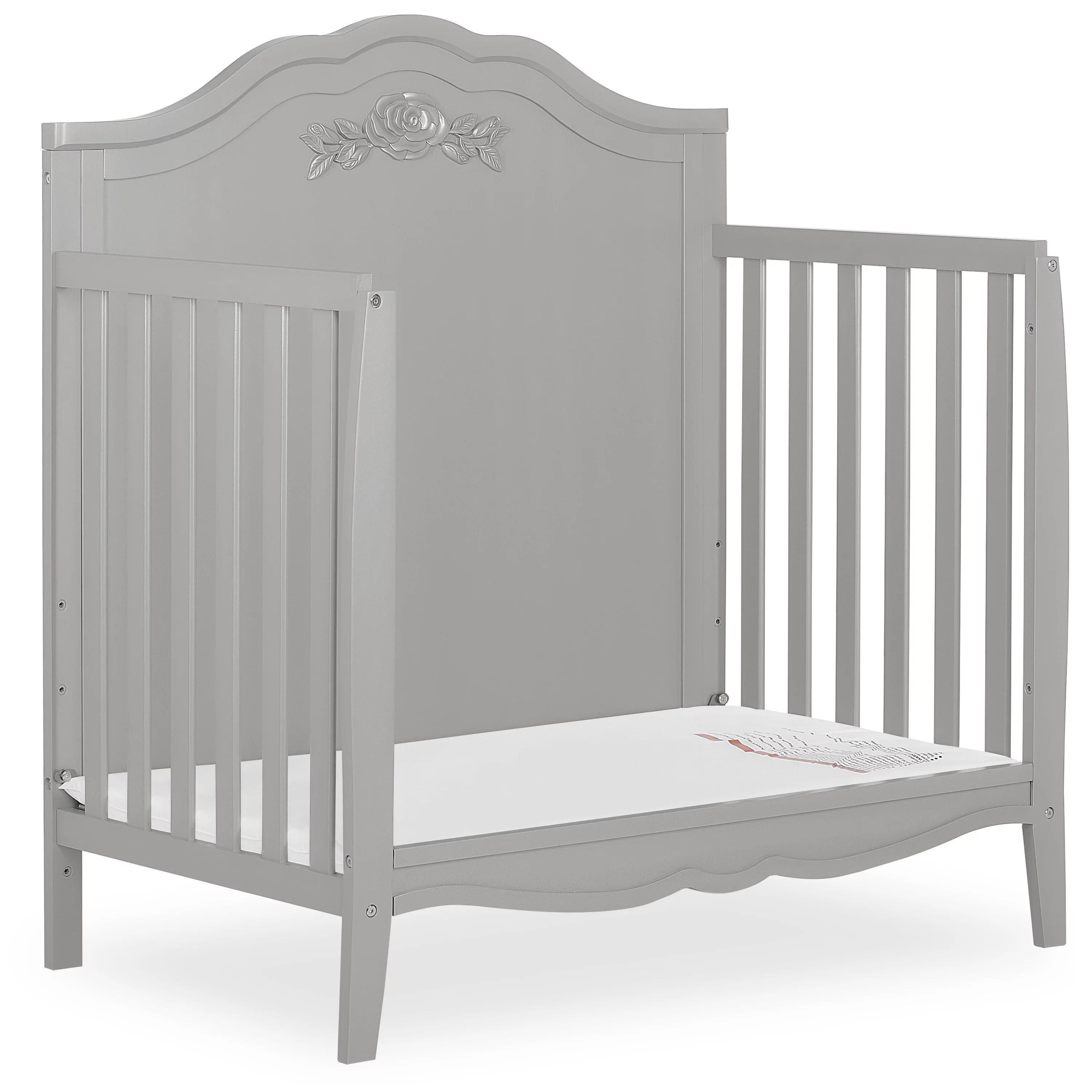 SweetPea Baby Rose 4-in-1 Convertible Mini Crib in Platinum, JPMA Certified Baby Crib, Non-Toxic Finish, New Zealand Pinewood, with 3 Mattress Height Settings Crib Platinum