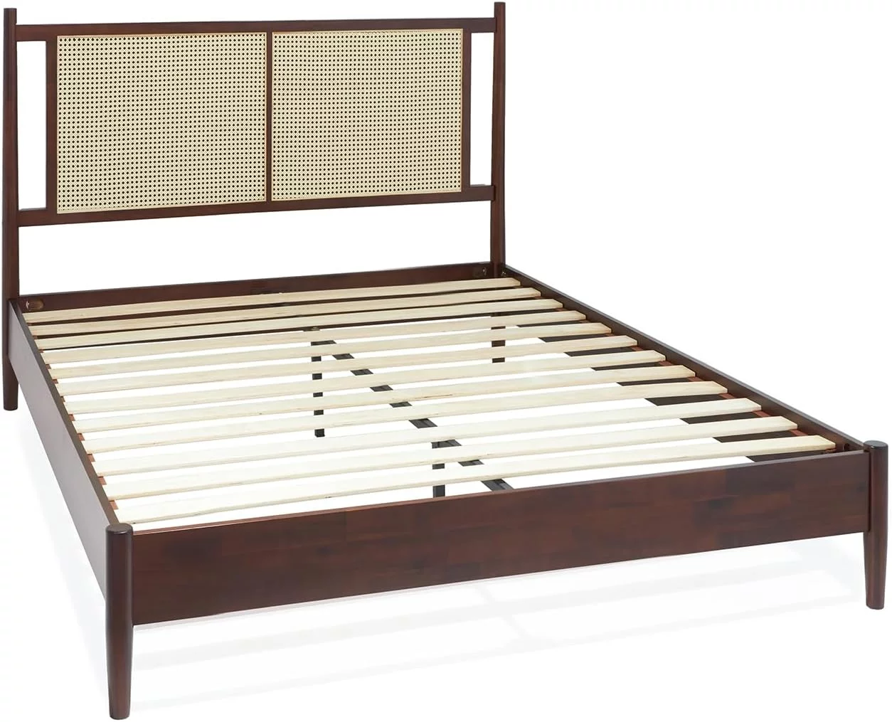 Bme Oliver 15 Inch Signature Bed Frame with Rattan Headboard - Bohemian & Mid Century Style - Acacia Wood - 12 Strong Wood Slat Support - Easy Assembly - No Box Spring Needed - Walnut, Queen
