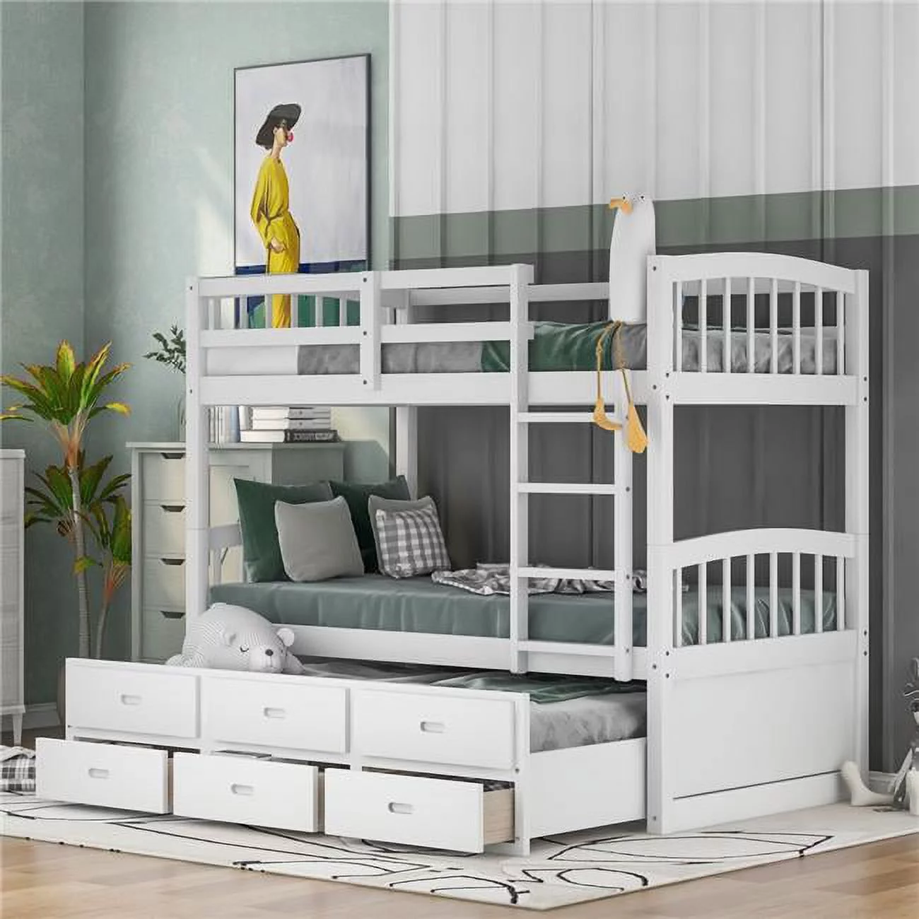 HomeRoots 403998 White Bunk Bed with Trundle & Drawers - Twin Size