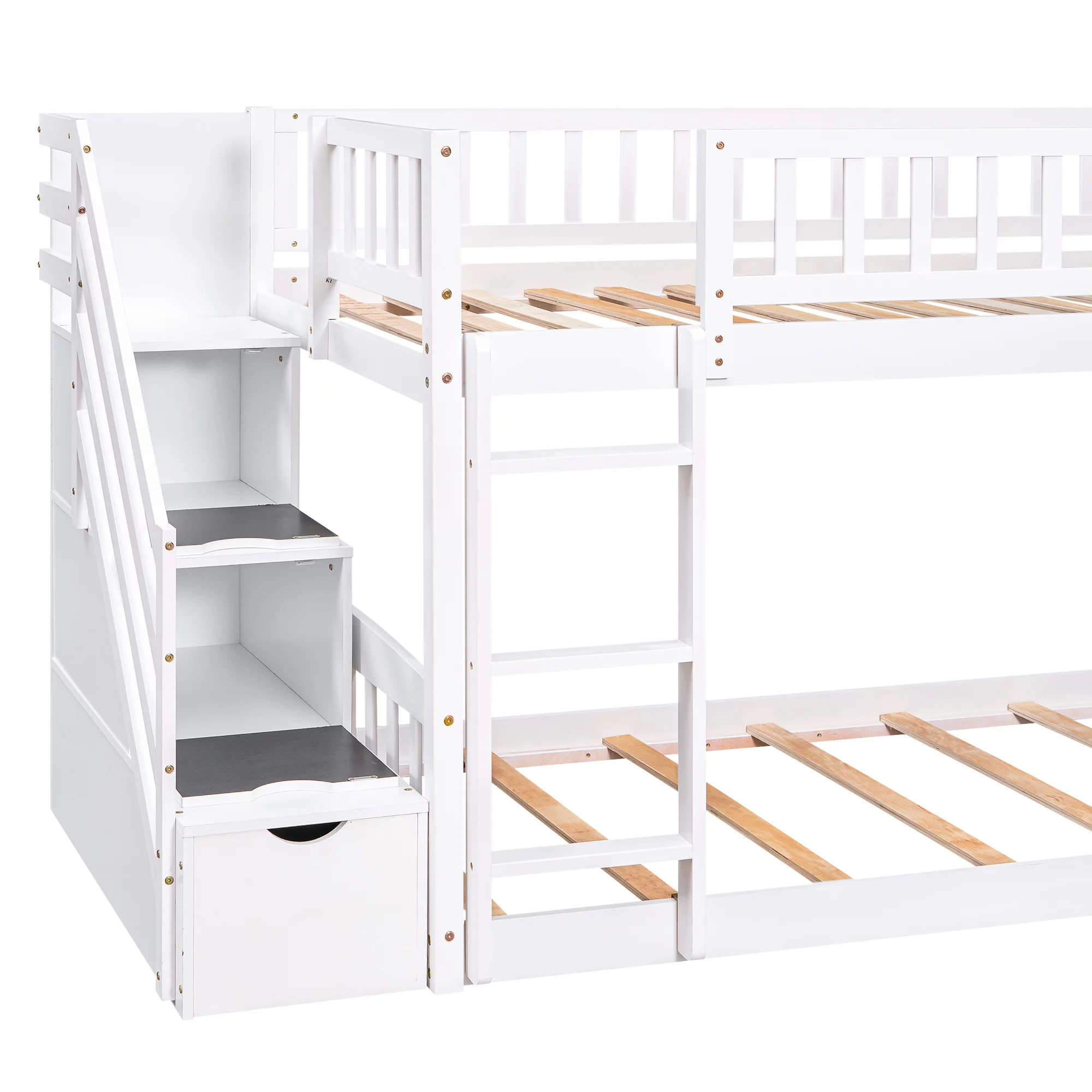 Bellemave Kids Twin Bunk Bed Frame with Slide, Twin over Twin Low Bunk Bed with Stairs and Storage Drawers, Wood Bunk Bed With Slide For Toddlers, Kids, Teens (White)