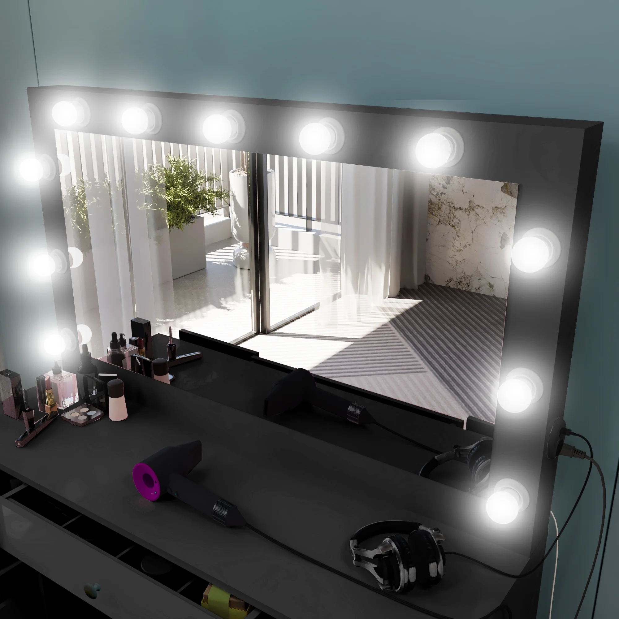 Ember Interiors Tammy Modern Black Painted Vanity Table, Lights, for Bedroom