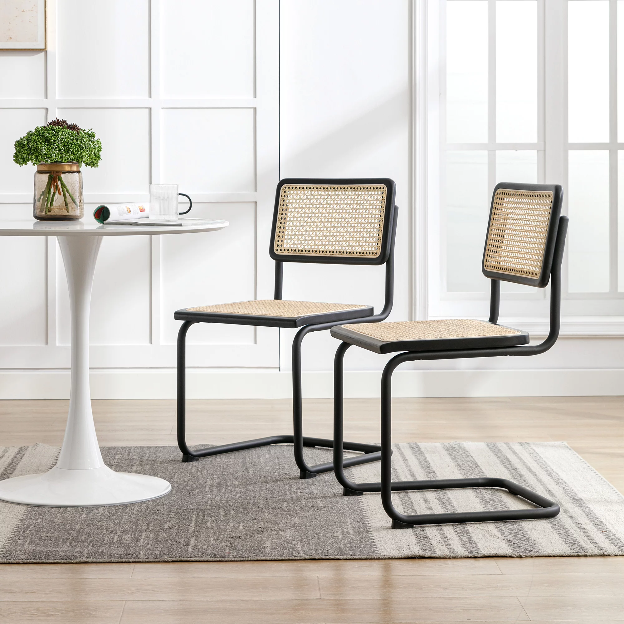 ONEVOG Rattan Dining Chairs Set of 2, Mid Century Modern Kitchen Chairs with Black Meal Legs, Armless Cane Chairs, Black