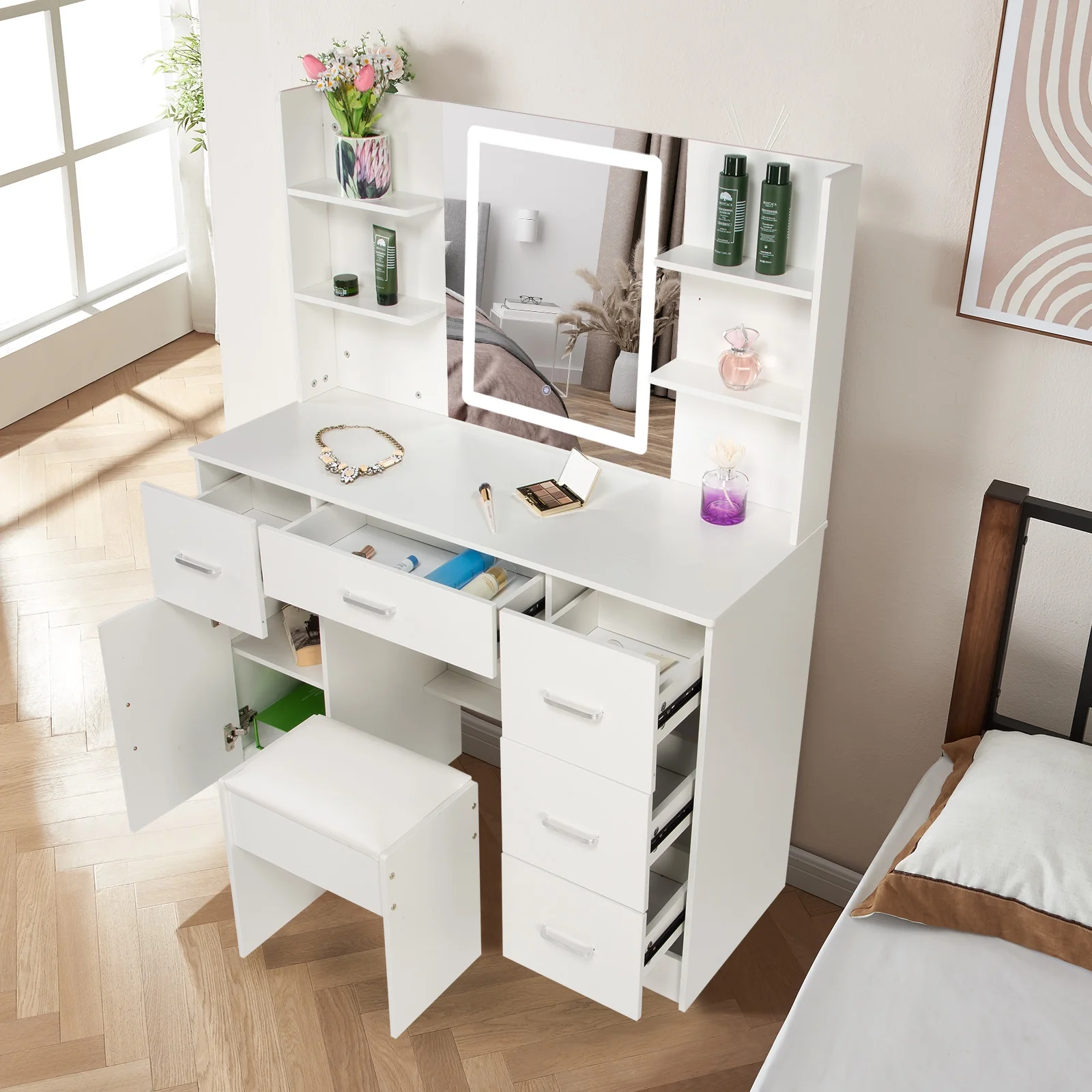 JBLCC Makeup Vanity with Mirror & LED Light, Modern Vanity Desk with 5 Drawers, Makeup Table w/ Stool, White