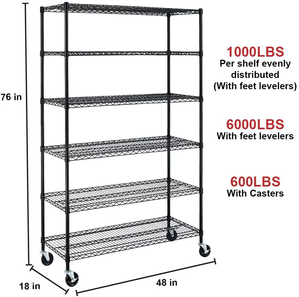 BestOffice 18x48x78 Wire Shelving with Wheels 6-Shelf Adjustable Heavy Duty Storage Shelves Metal Shelves Storage Unit Shelf,6000 LBS (Black)