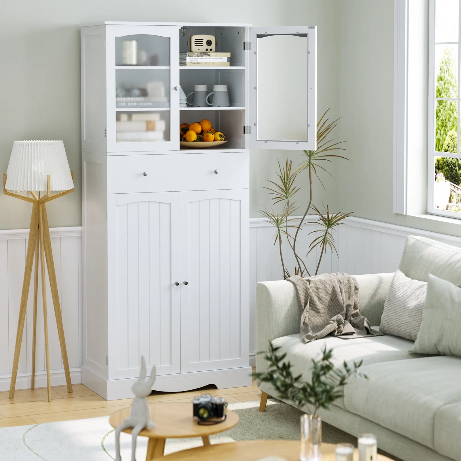 Homfa 70.8'' Kitchen Pantry with 4 Doors, Freestanding Storage Cabinet with Large Drawer for Dining Room, White