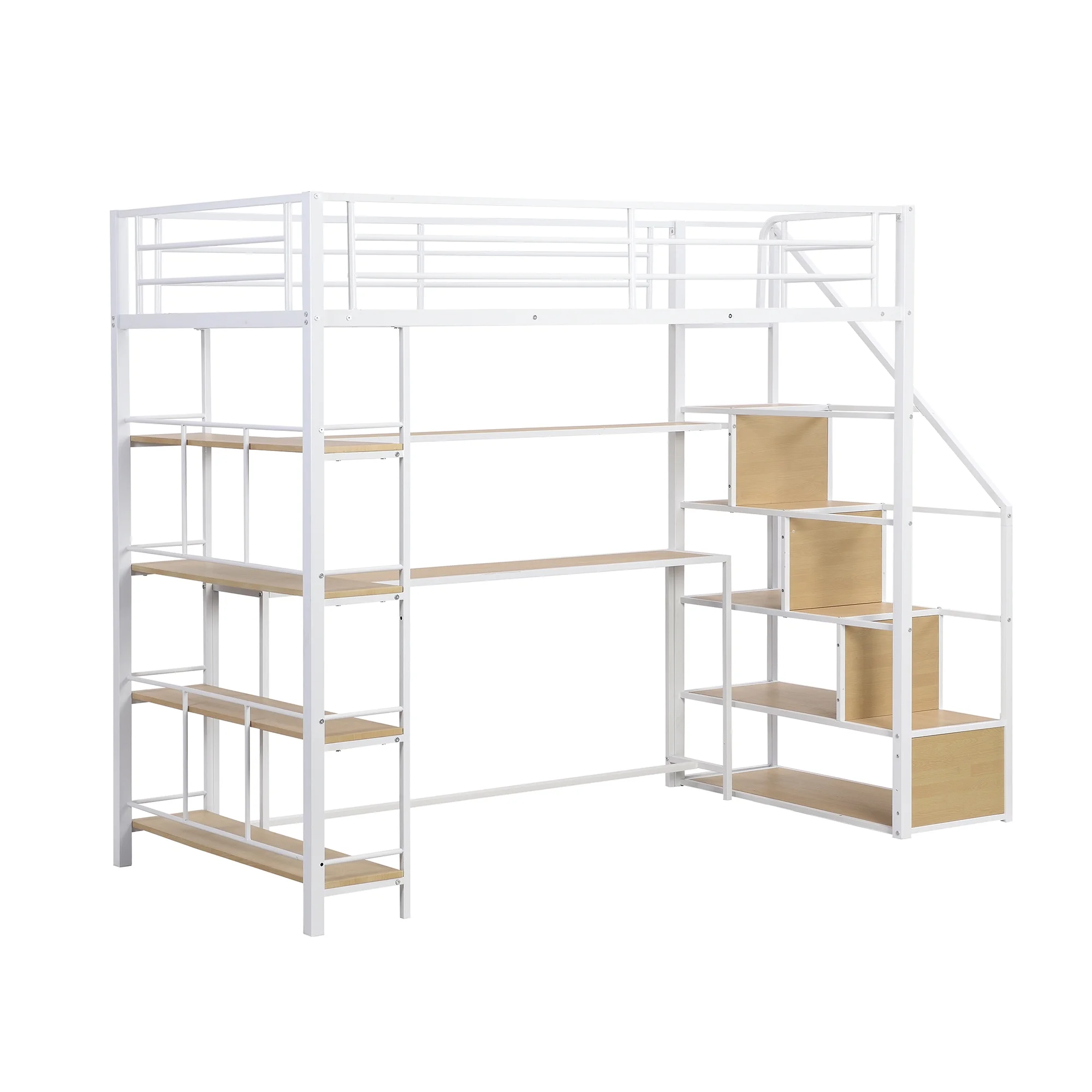 Bellemave Twin Size Metal Loft bed with Stairs and Desk, Heavy-Duty Steel Loft Bed Frame Built-in Storage Shelves, Loft Bed Twin for Kids Teens Adults,White