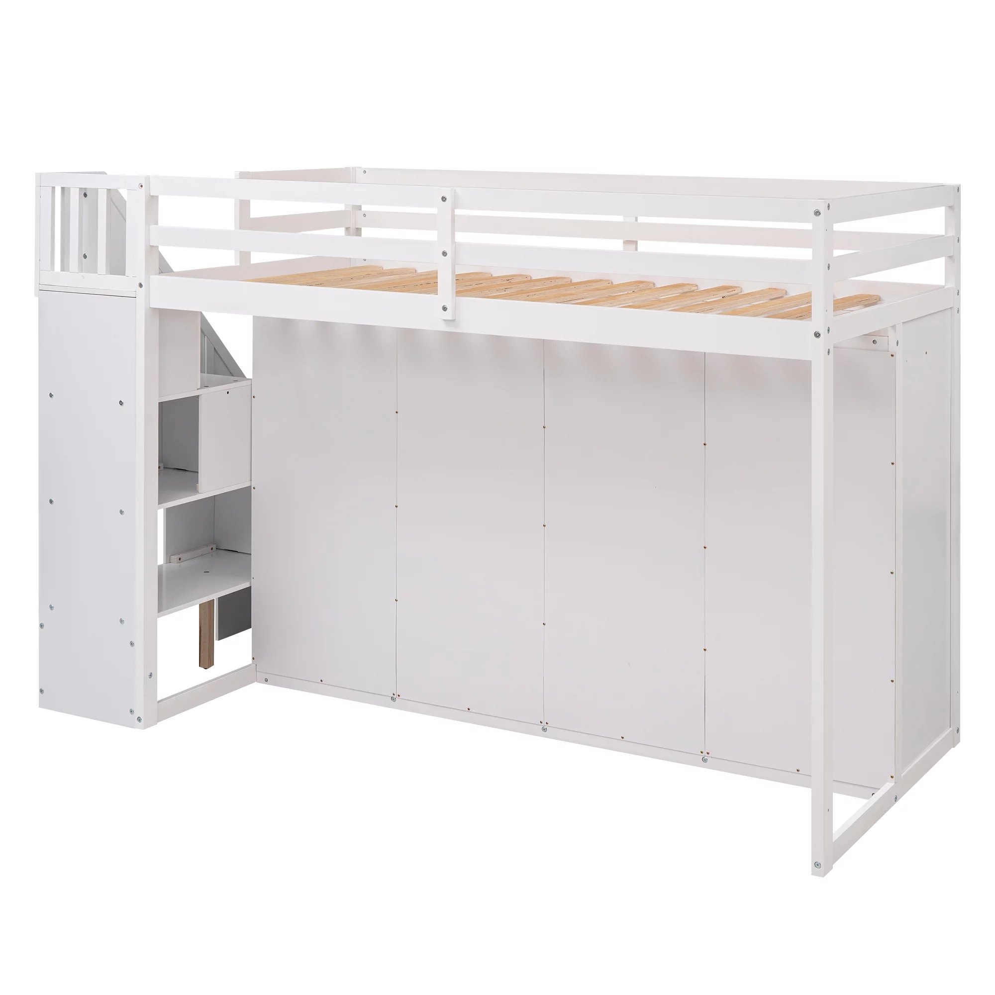 Functional Twin Wood Loft Bed with 3 Shelves, 2 Wardrobes and 2 Drawers, Ladder with Storage, Staircase, Loft Bed with Shelves, Loft Twin Bed for Teenagers, Multiple Functions Bed(White)