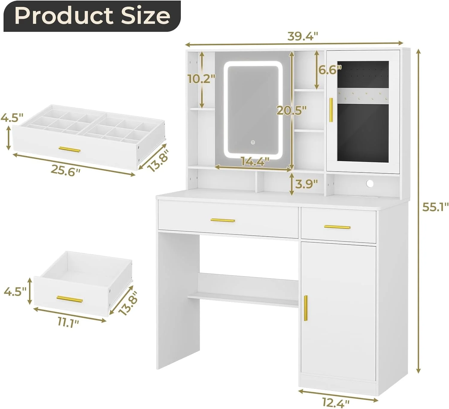 Makeup Vanity Desk with Mirror and Lights, Modern Vanity Desk Dressing Table with Charging Station&2 Drawers&Jewelry Cabinet for Women Girls, White