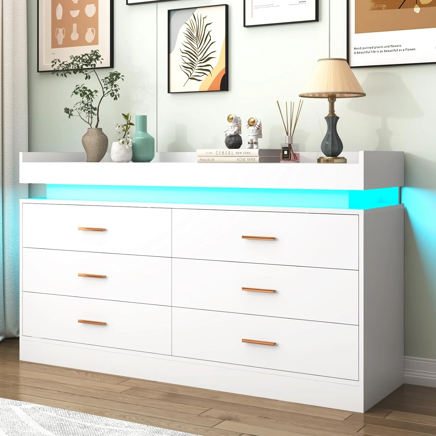 ChVans White Dresser with LED Light, Modern Wood Dresser with Wide Drawers and Metal Handles, 6 drawer dresser for Bedroom, Living Room, Entryway, Hallway(White)