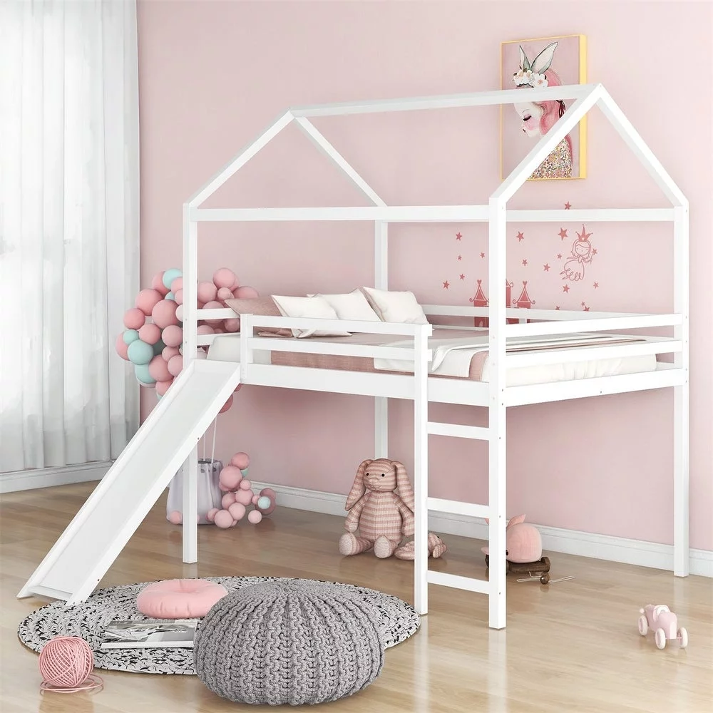 CHURANTY Twin Size Loft Bed with Slide, Wood House Loft Bed Frame , Twin Size Playhouse Loft Bed for Kids Boys Girls, Gray