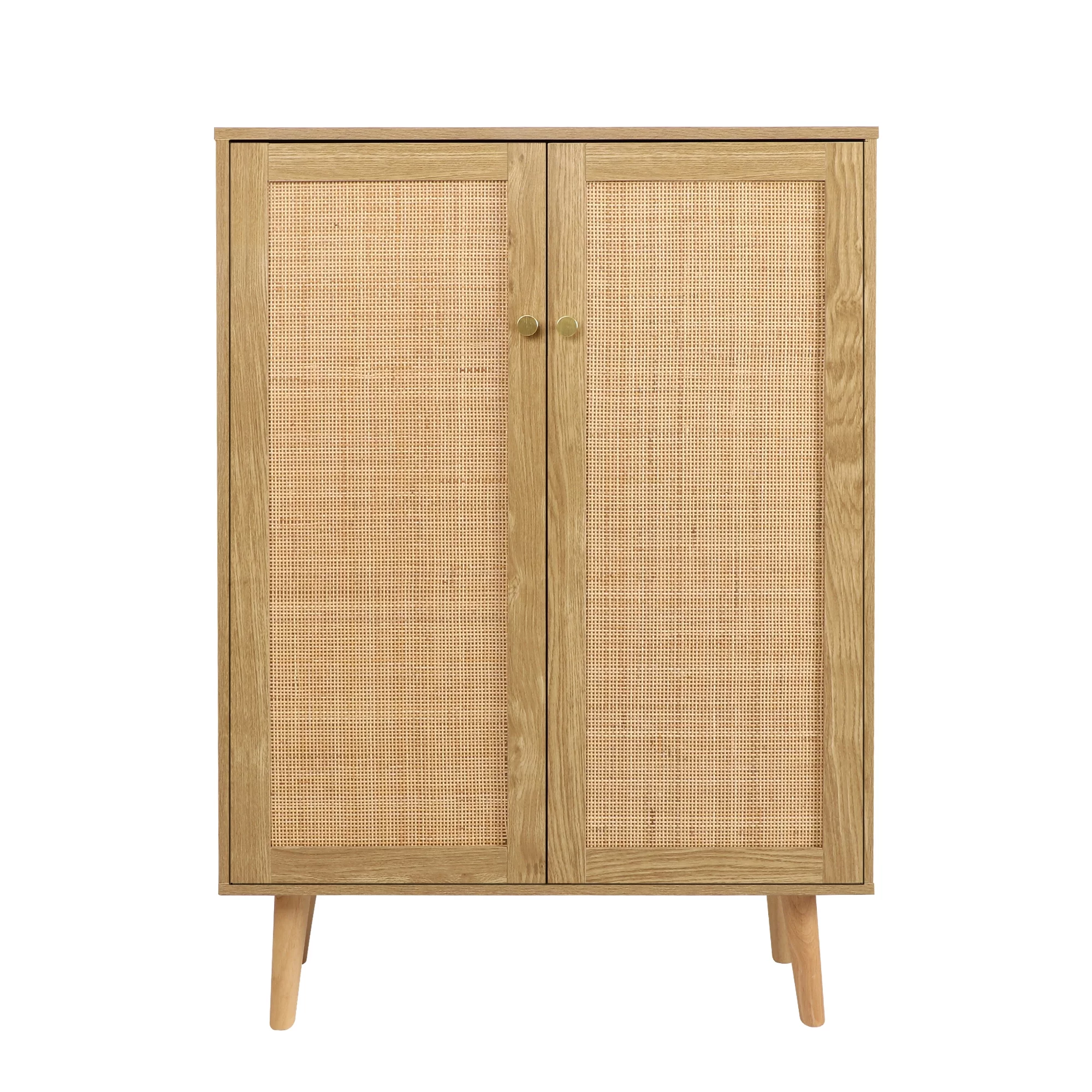 Eumyviv  Rattan Storage Cabinet with 2 Door, Farmhouse Sideboard Tall Storage Cabinet for Living Room Entryway, Oak H0030
