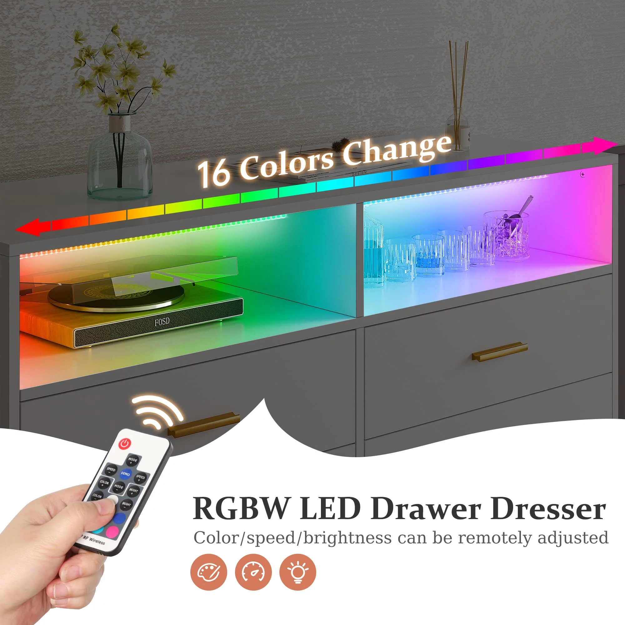 EnHomee Dresser, White Dresser with 6 Deep Drawers, Drawer Dresser with LED Lights, TV Stand Dressers & Chests of Drawers Wood Dresser for Bedroom,Wide Led Dressers,White