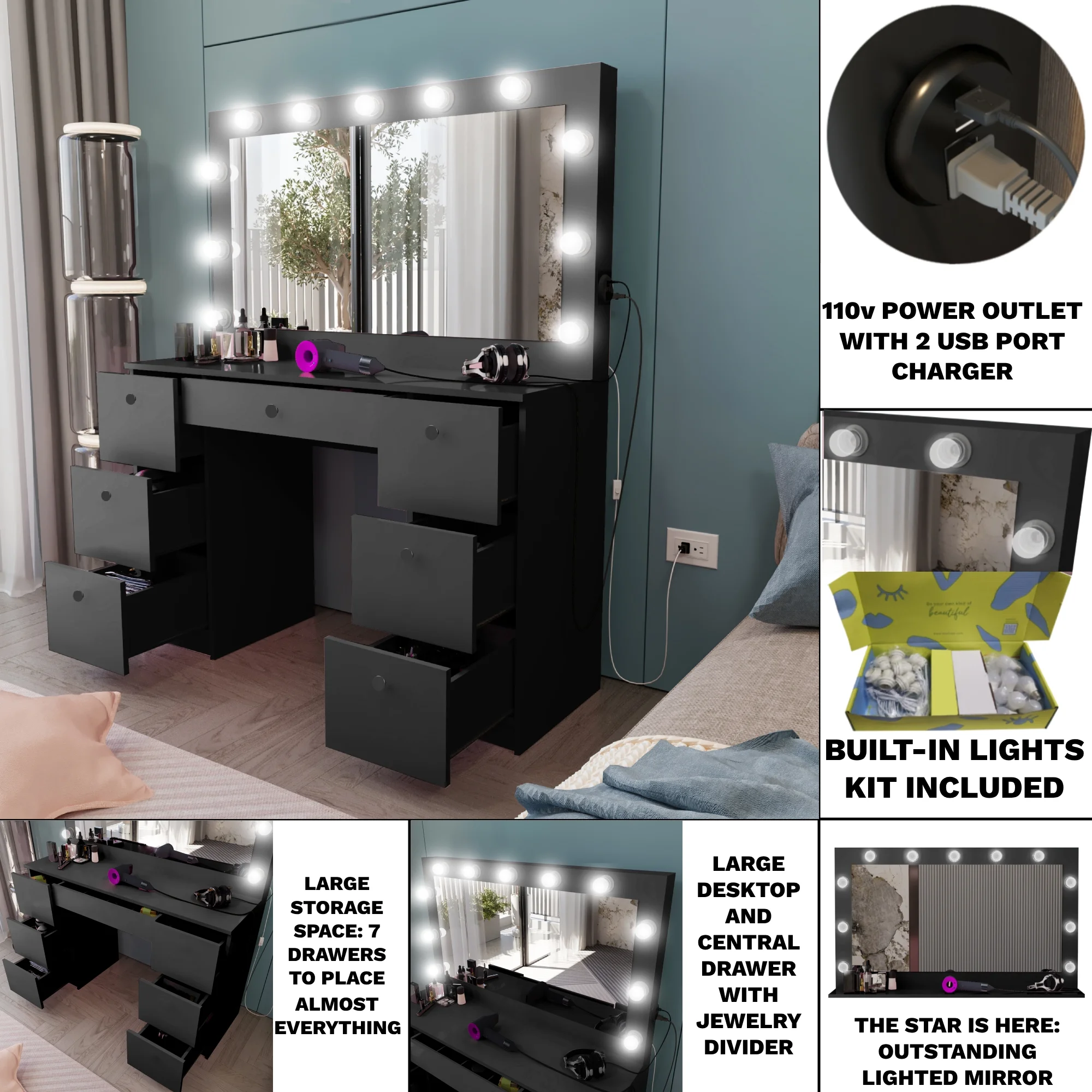 Ember Interiors Tammy Modern Black Painted Vanity Table, Lights, for Bedroom
