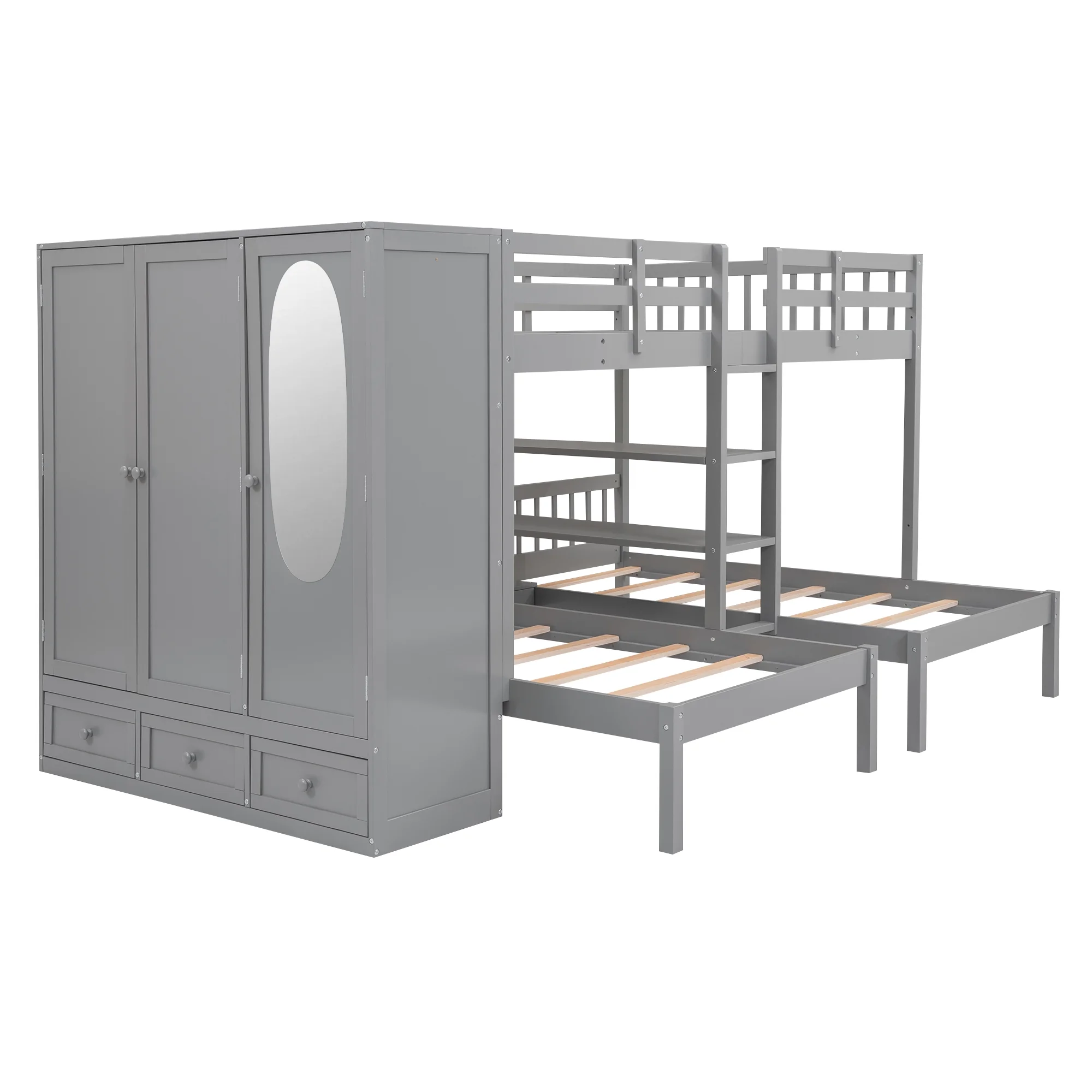 Churanty Full-Over-Twin-Twin Bunk Bed with Shelves, Wardrobe and Mirror, Gray