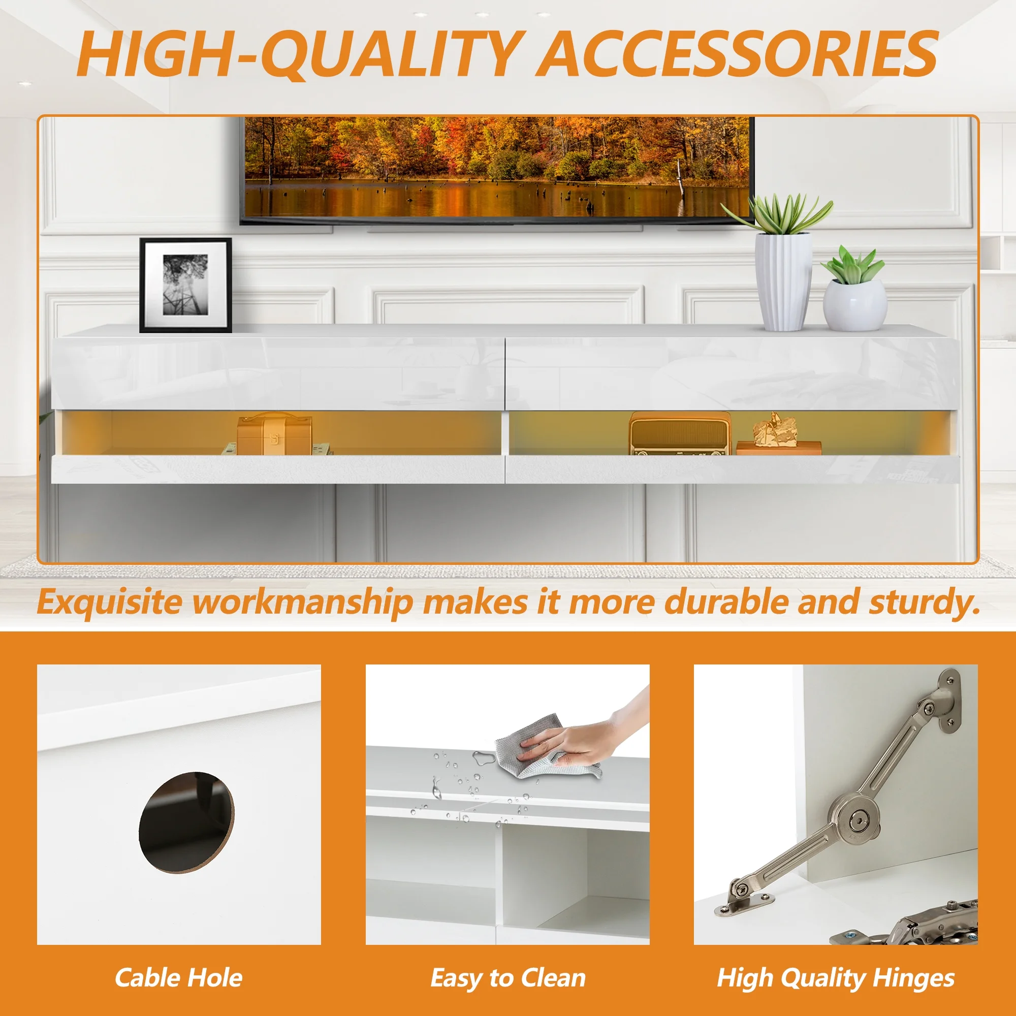 Floating TV Stand for 80 inch TVs, Paproos 71in Long LED Floating TV Cabinet, High Gloss Floating Entertainment Center with APP/Remote Control, Media Console Cabinet Living Room, White