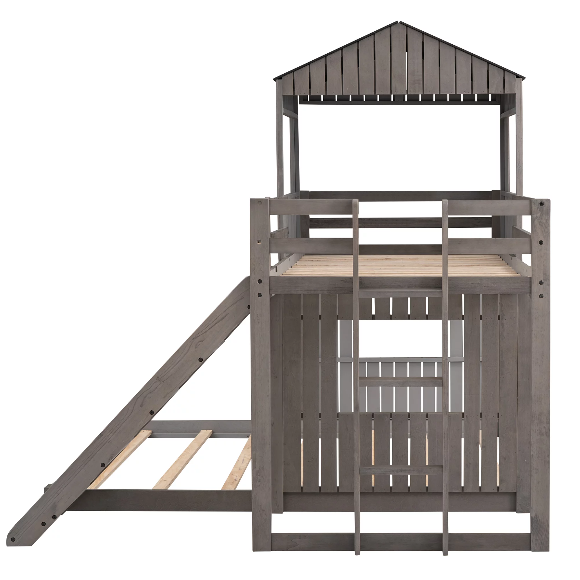 Bellemave Twin Over Full House Bunk Bed with Slide, Wood L-Shaped Fort Loft Bunk Beds Frame with Ladder, Floor Playhouse Bed for Kids, No Need Spring Box (Antique Gray)