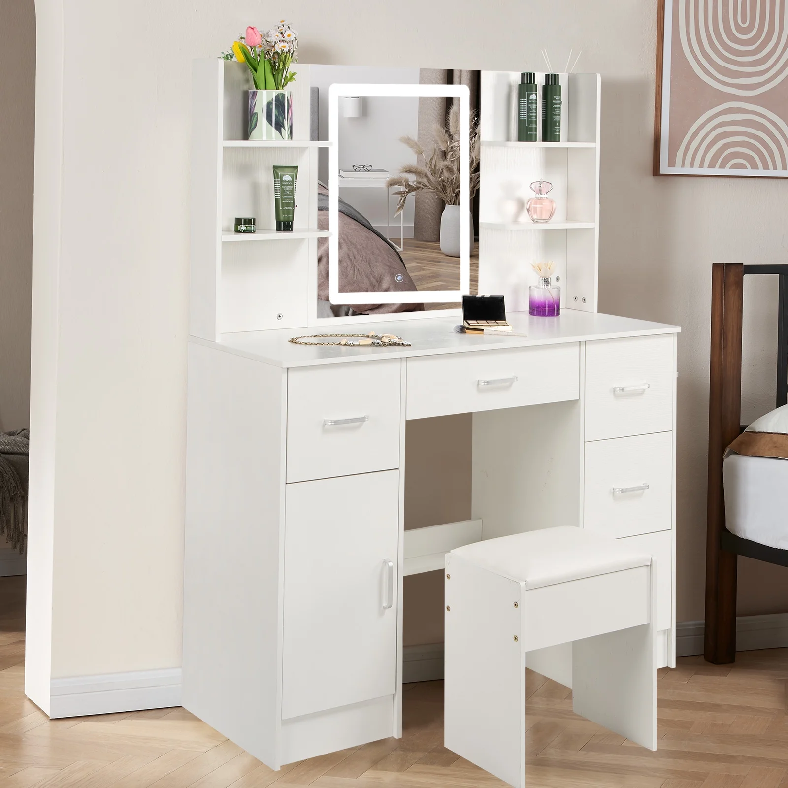 JBLCC Makeup Vanity with Mirror & LED Light, Modern Vanity Desk with 5 Drawers, Makeup Table w/ Stool, White