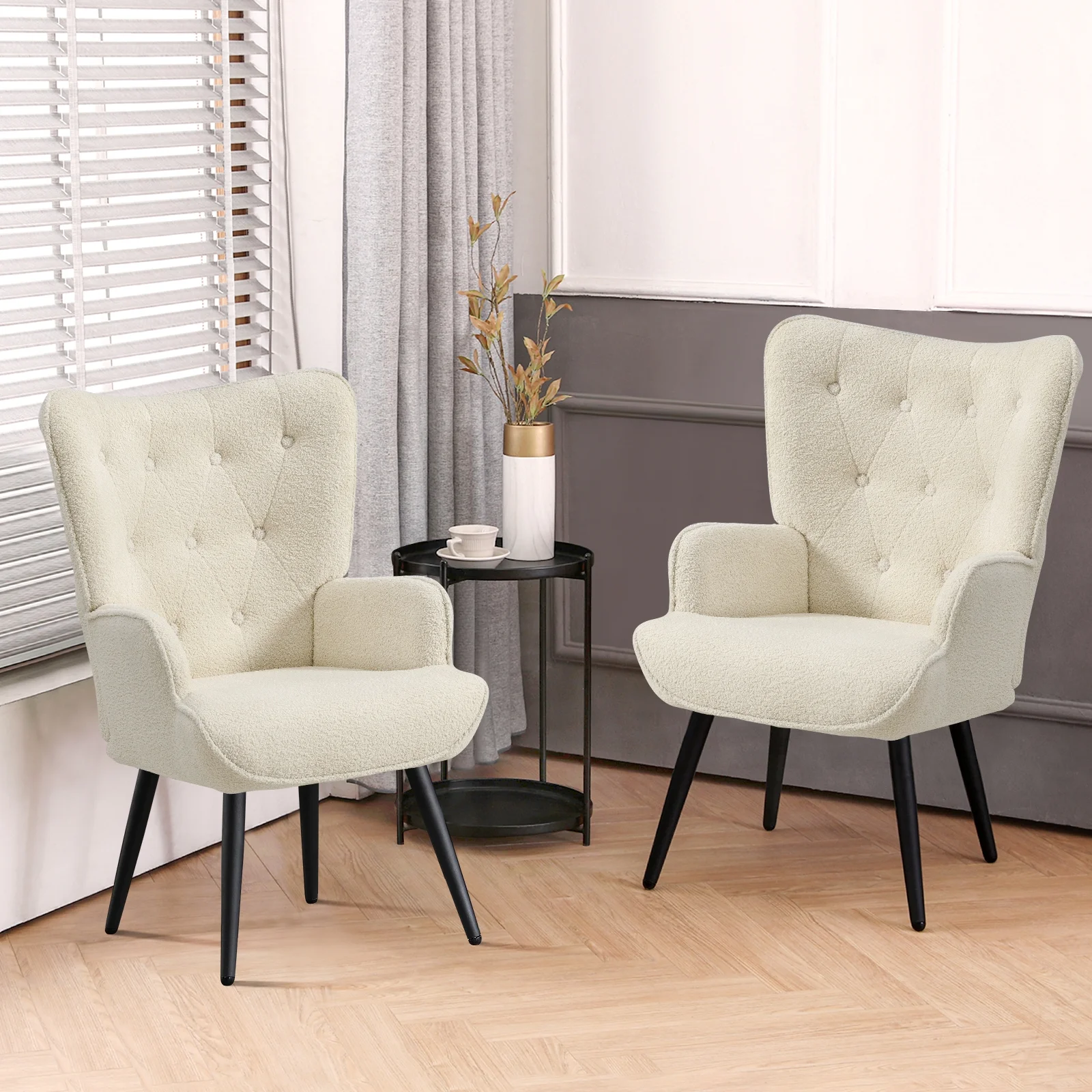 Furniliving Tufted Button Wingback Chair Upholstered Sherpa Accent Chair with Wide Arm Modern Leisure Club Chair, Lvory white