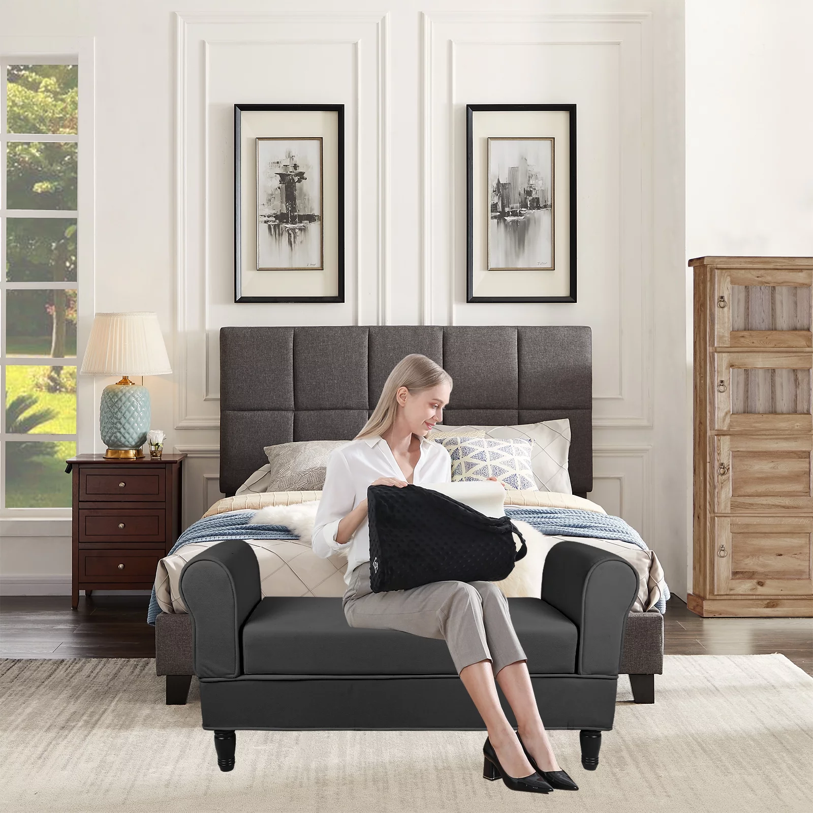 Hofitlead Storage Bench , Velure Rolled Arm Ottoman Storage Sofa , with 2 Ottoman Footstool,Black