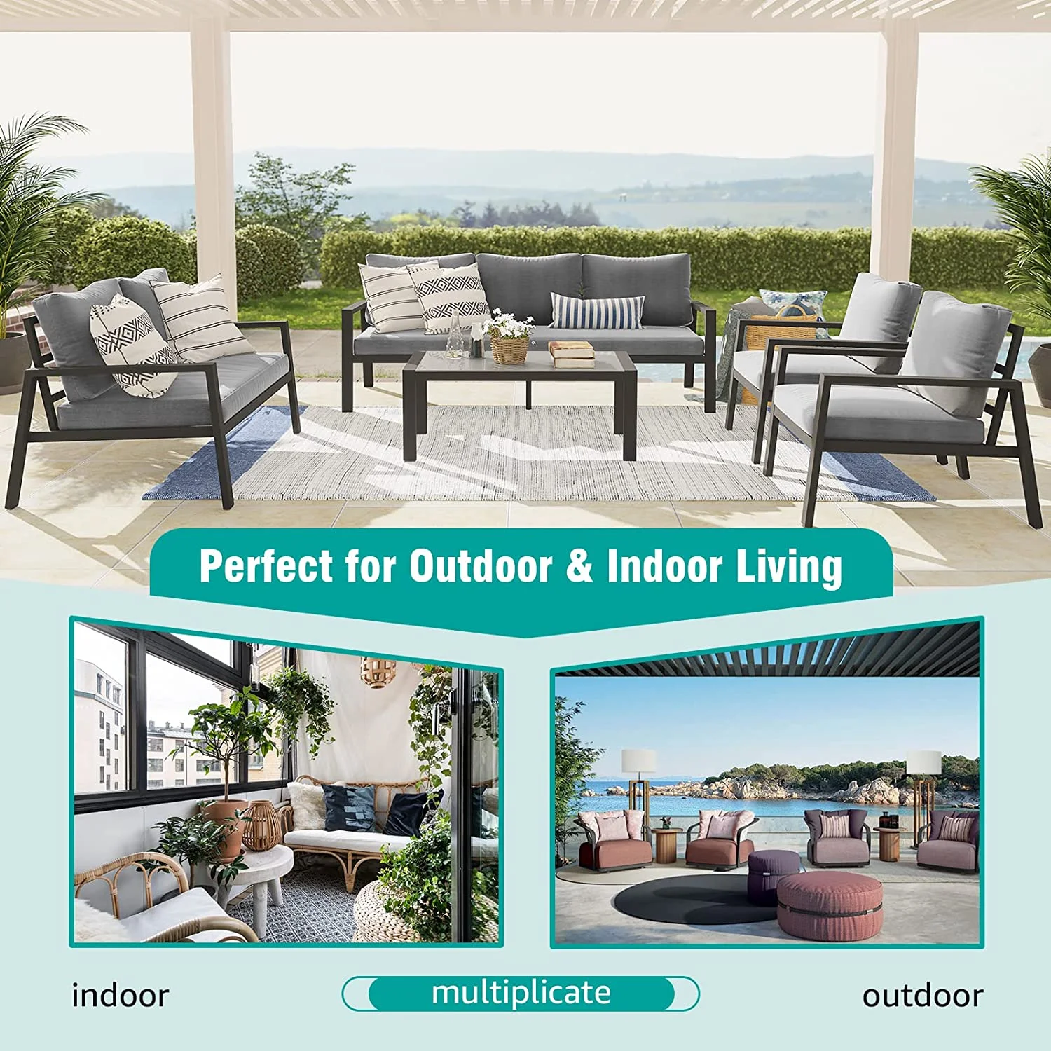 Jardin Outdoor Aluminum Patio Furniture Set  5 Piece Patio Conversation Set with Removable Cushions  Modern Outdoor Sectional Sofa with Glass Coffee Table  Dark Grey Finish & Grey Cus