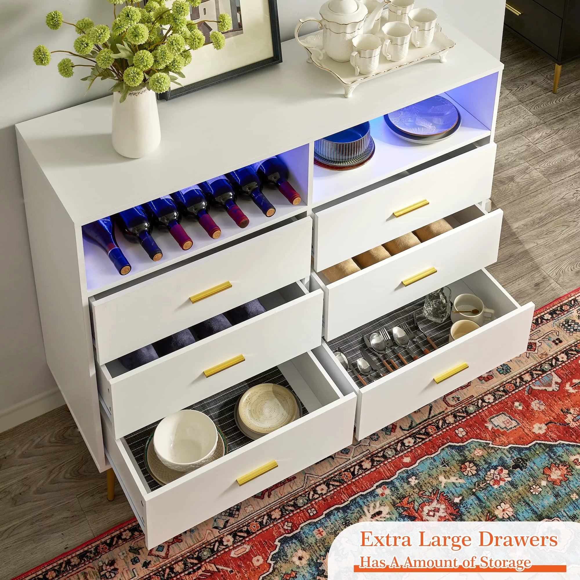 EnHomee Dresser, White Dresser with 6 Deep Drawers, Drawer Dresser with LED Lights, TV Stand Dressers & Chests of Drawers Wood Dresser for Bedroom,Wide Led Dressers,White