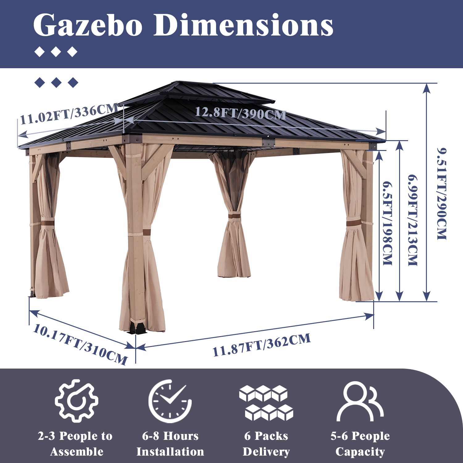 HEAVDUTY Hardtop Wood Gazebo 10x12 ft – Cedar Wood Frame Gazebo with Double Metal Roof – Patio Gazebo Kits with Mosquito Netting & Curtains – Outdoor Wooden Gazebos Pavilion for Backyard and Deck
