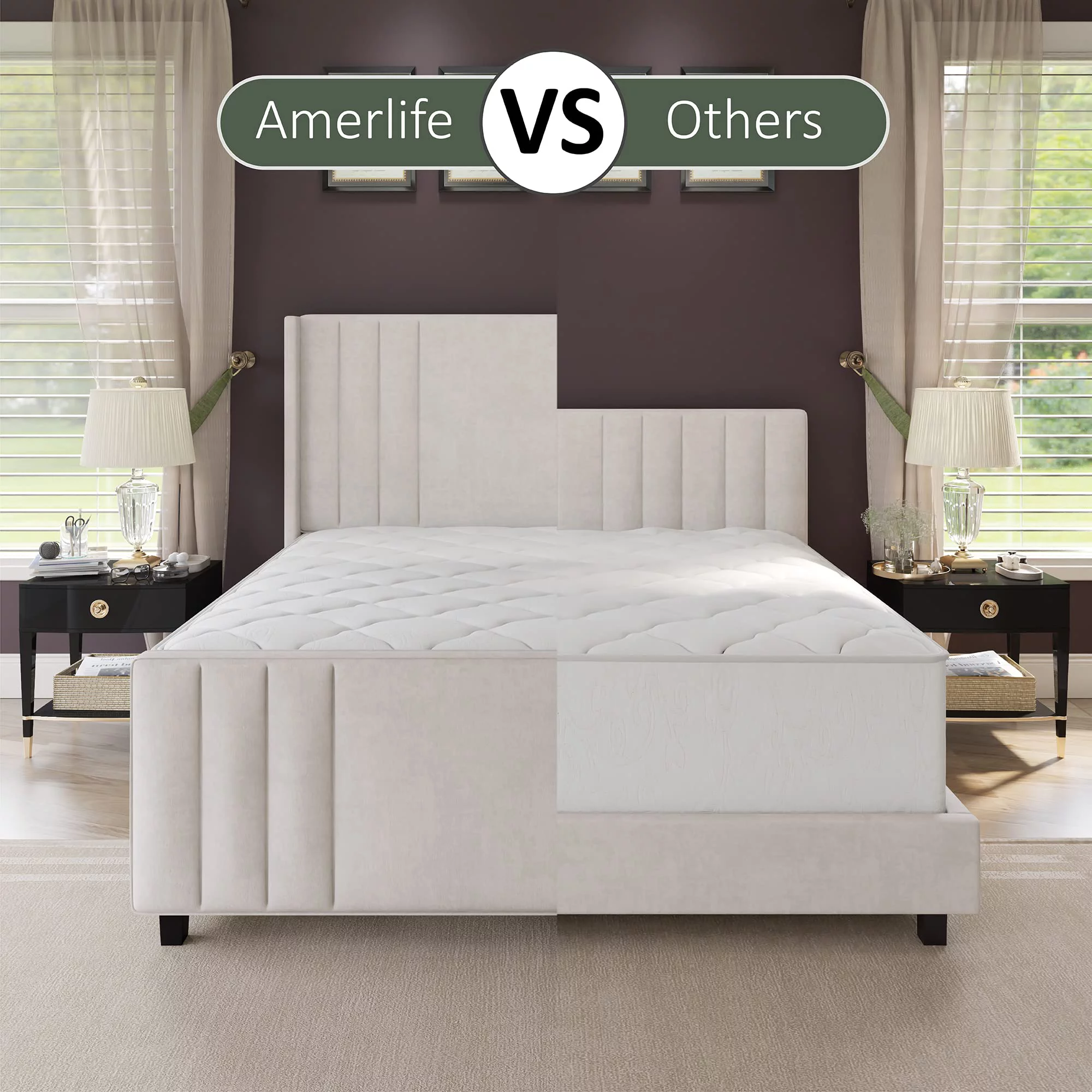 Amerlife King Size Bed Frame, Velvet Upholstered Platform Bed with Vertical Channel Tufted Headboard & Footboard/Wingback, Mattress Foundation with Wood Slats, No Box Spring Needed, Cream