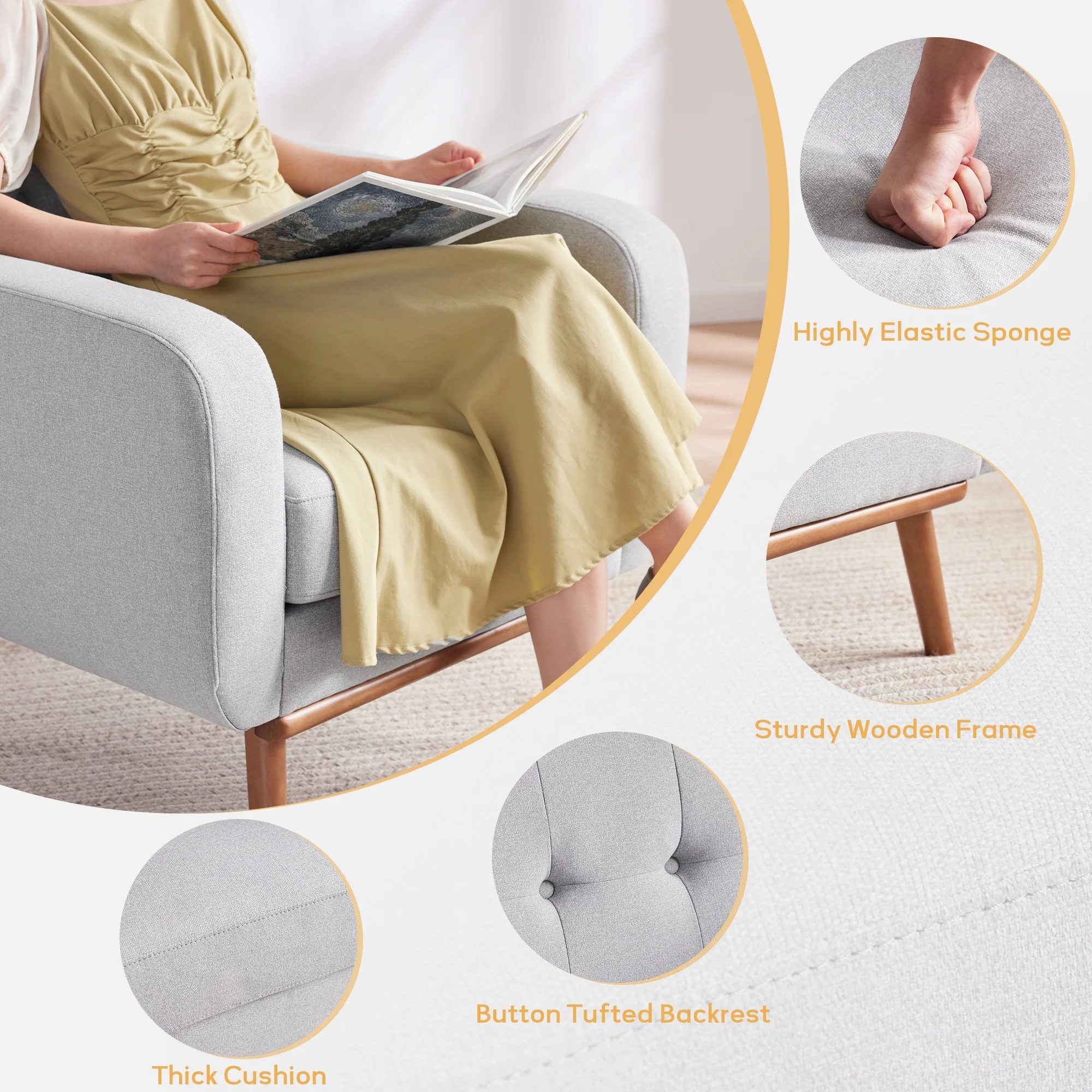 HUIMO Linen Fabric Accent Chair, Mid Century Modern Arm Chair for Living Room, Button Tufted Upholstered Armchair Comfy Reading Sofa for Bedroom, Club Chair (Gray)