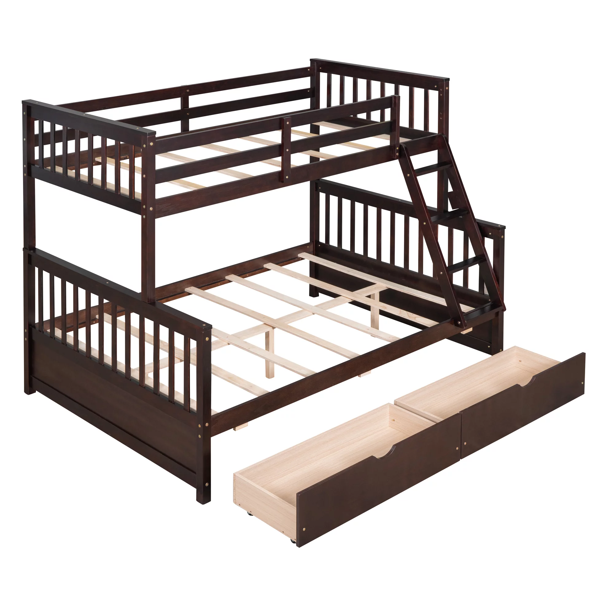 Twin Over Full Bunk Bed with Storage Drawer, Solid Wood Bunk Bed Frame with Ladders & Safety Guardrail, Bedroom Furniture for Kids, Teens, Adults, Espresso