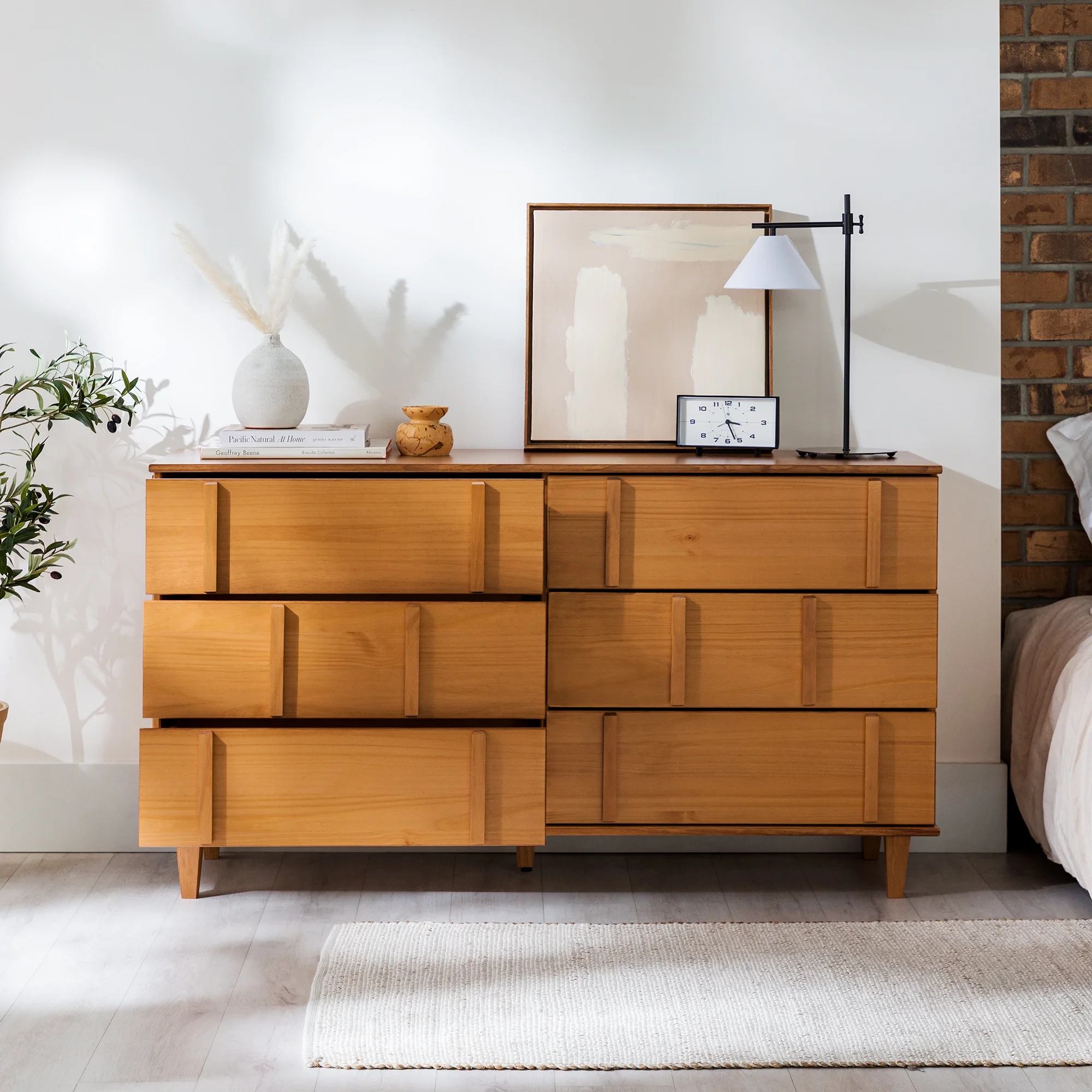 Walker Edison 60” Contemporary Vertical Drawer Pulls Solid Wood Dresser, Caramel