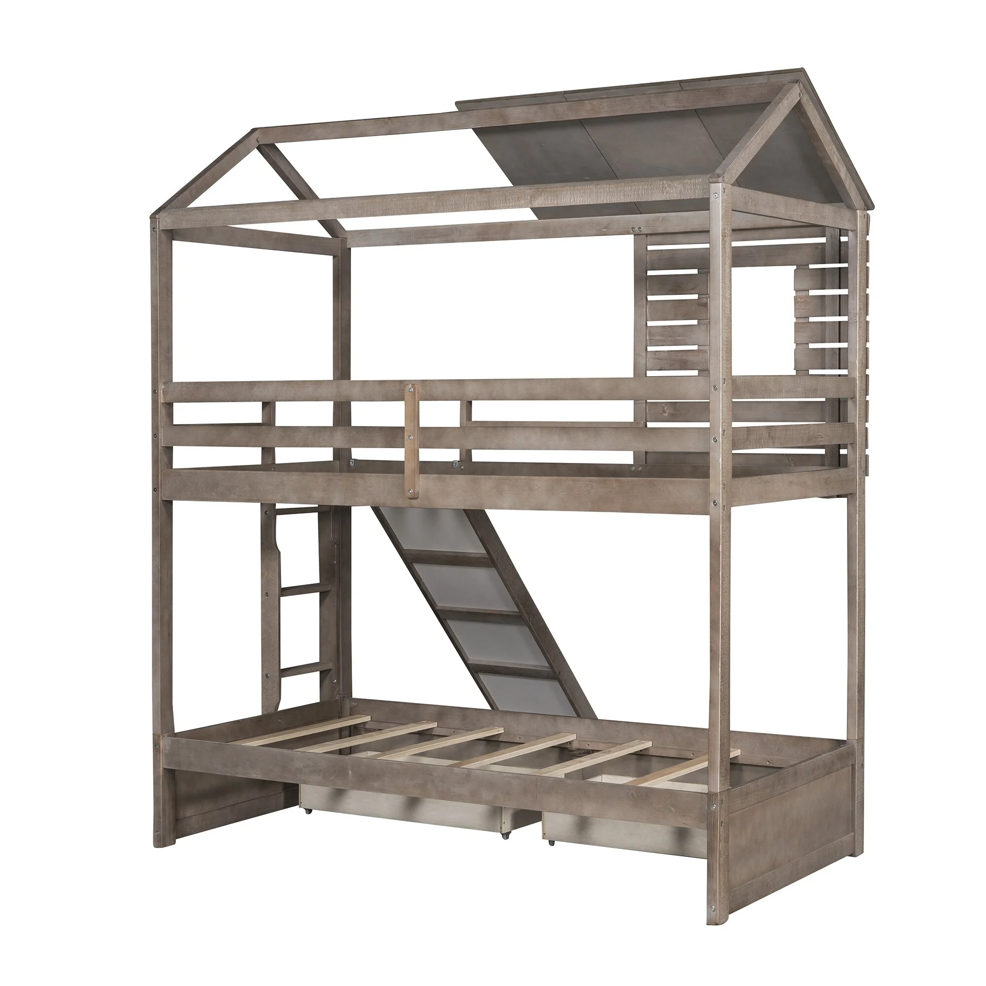 Home Adores, Inc. Rhett Twin Over Twin Bunk Bed with Two Drawers and Slide Antique Grey