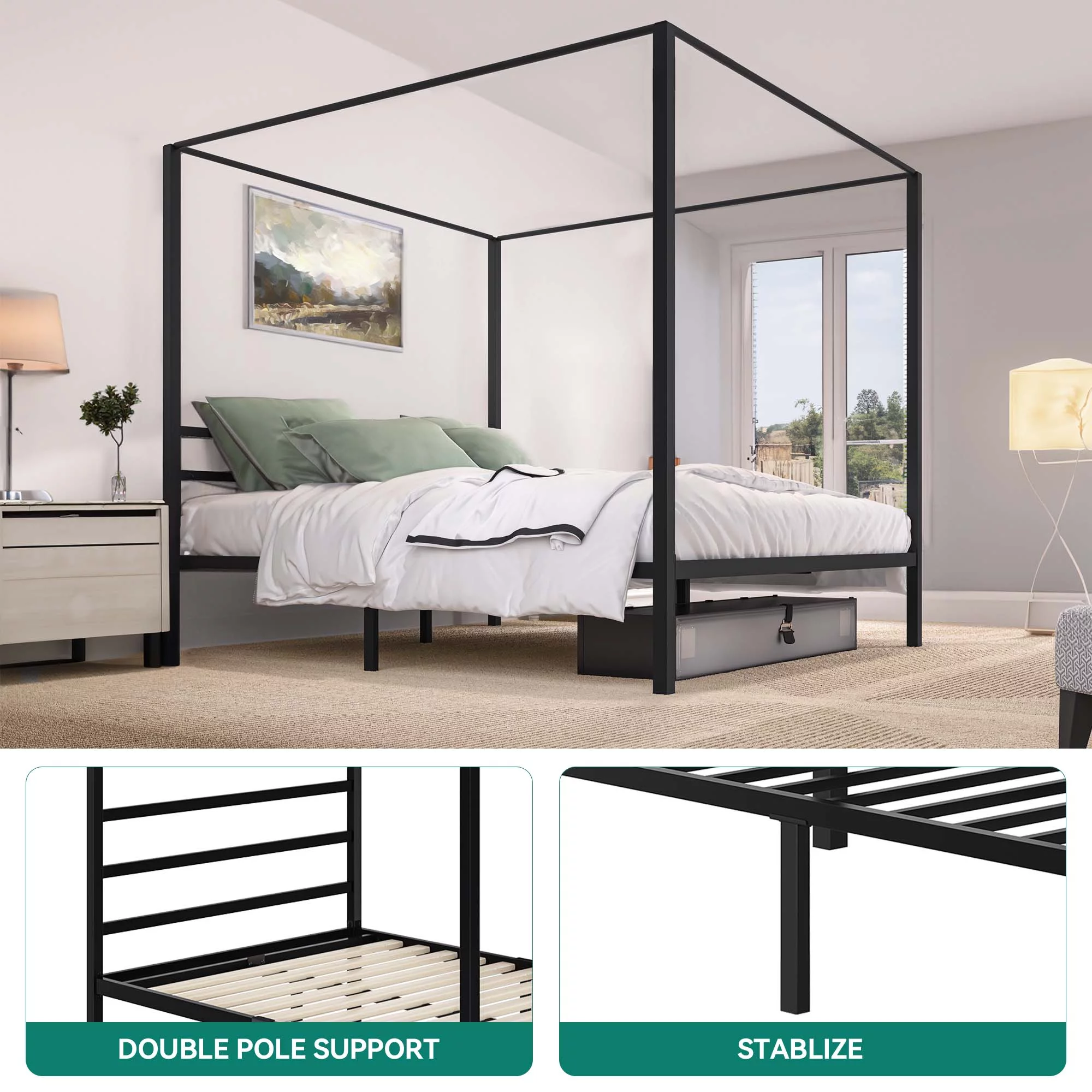 Dextrus King Size Black Canopy Bed Frame with Headboard, Mattress Foundation with Wooden Slats and Steel Structure, No Box Spring Needed