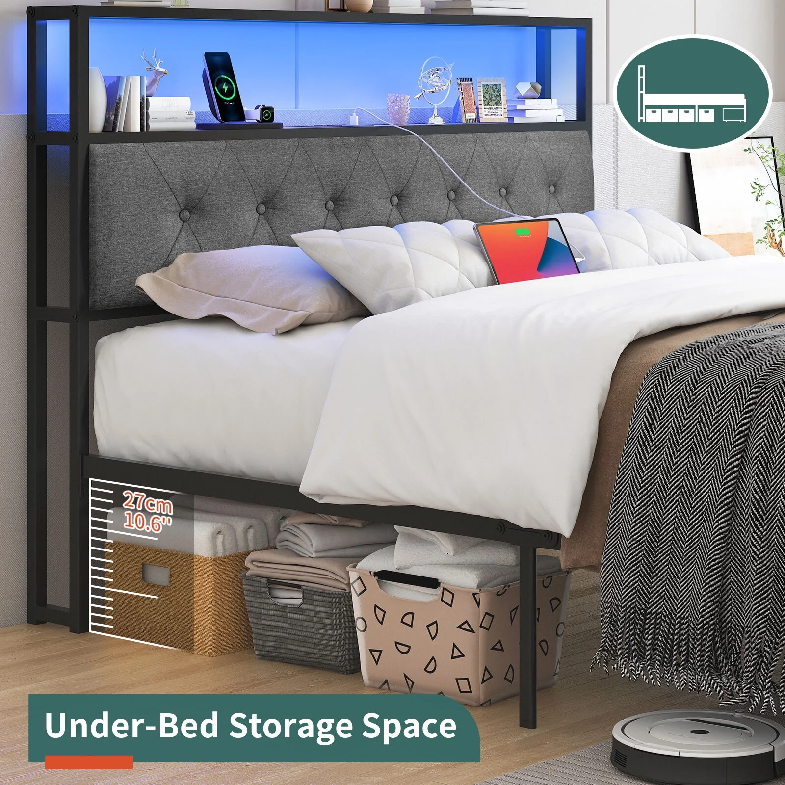 Yoobure Queen Bed Frame with Headboard, Metal Platform Bed Frame Queen Size, Heavy Duty Bed Frames with 2 Storage Drawers, Bedframe with Charging Station & LED Light, No Box Spring Needed, Noise Free