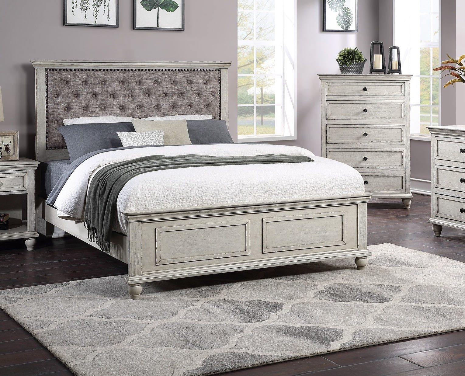 Transitional Bedroom White Finish 5pc Bedroom Set Eastern King Size Bed Dresser Mirror 2x Nightstands Furniture