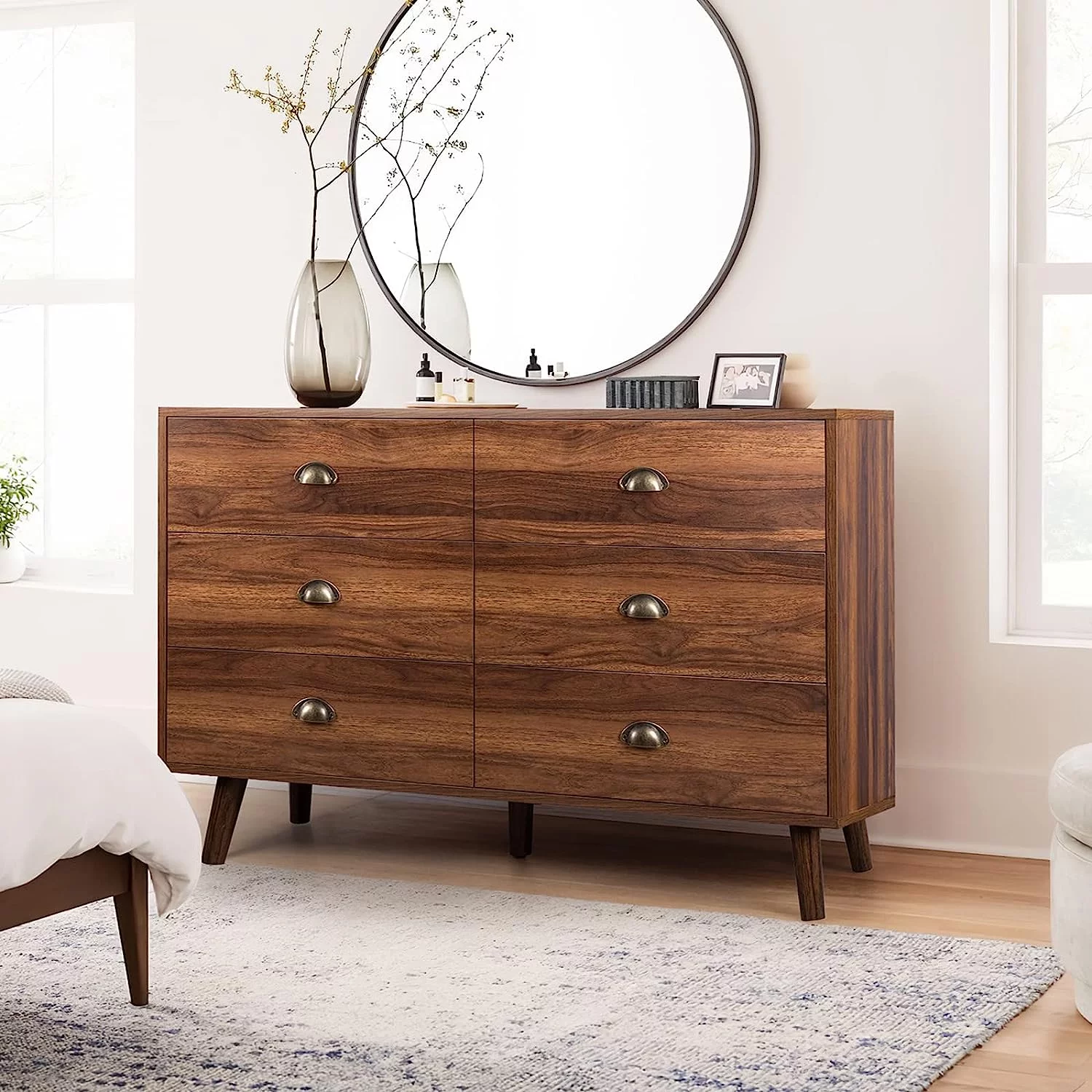 Popular Mid-Century Dresser  6 Drawer Dresser for Bedroom  Modern Walnut Dresser with Metal Handle  Wood Dresser Chest of Drawers for Living Room  Hallway