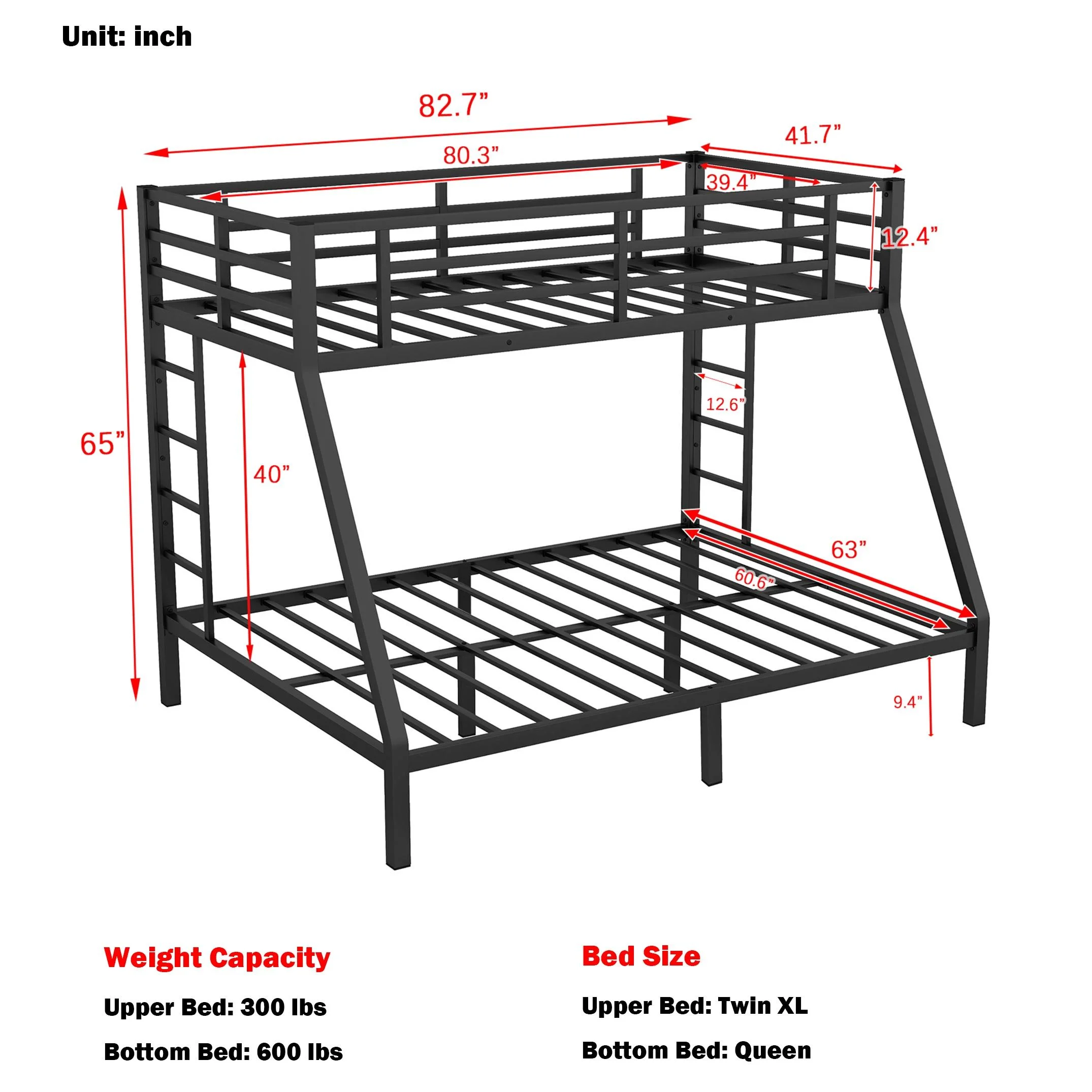 Bellemave Metal Bunk Beds Twin XL over Queen Bunk Bed for Adults, Teens, Kids Heavy Duty Bunk Bed Frame with 2 Ladder and Full-Length Guardrails, No Box Spring Needed, Black