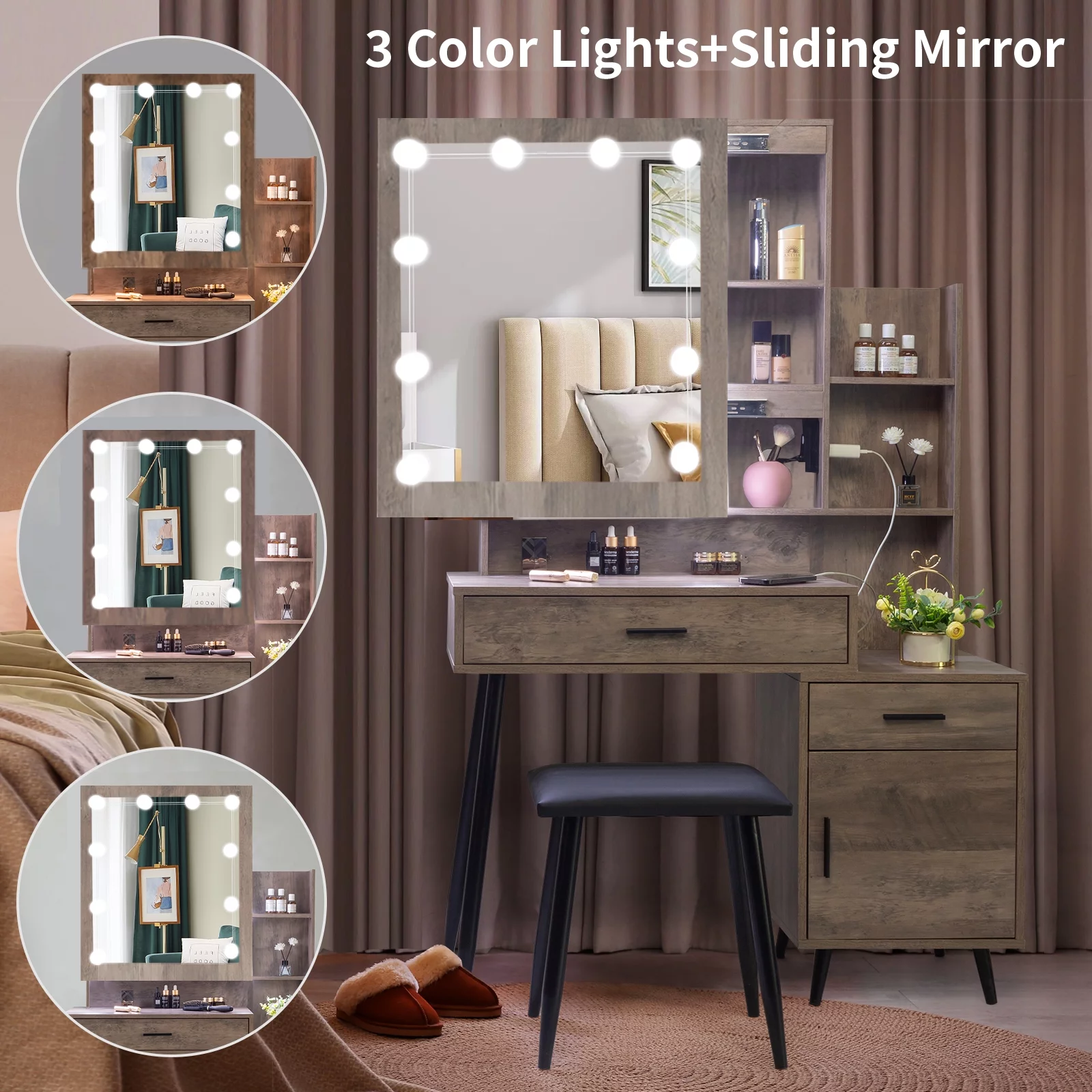 Ktaxon Lighted Vanity Table Set with USB Charging Station, Makeup Dressing Table with Sliding Mirror, Bedroom Vanities Set