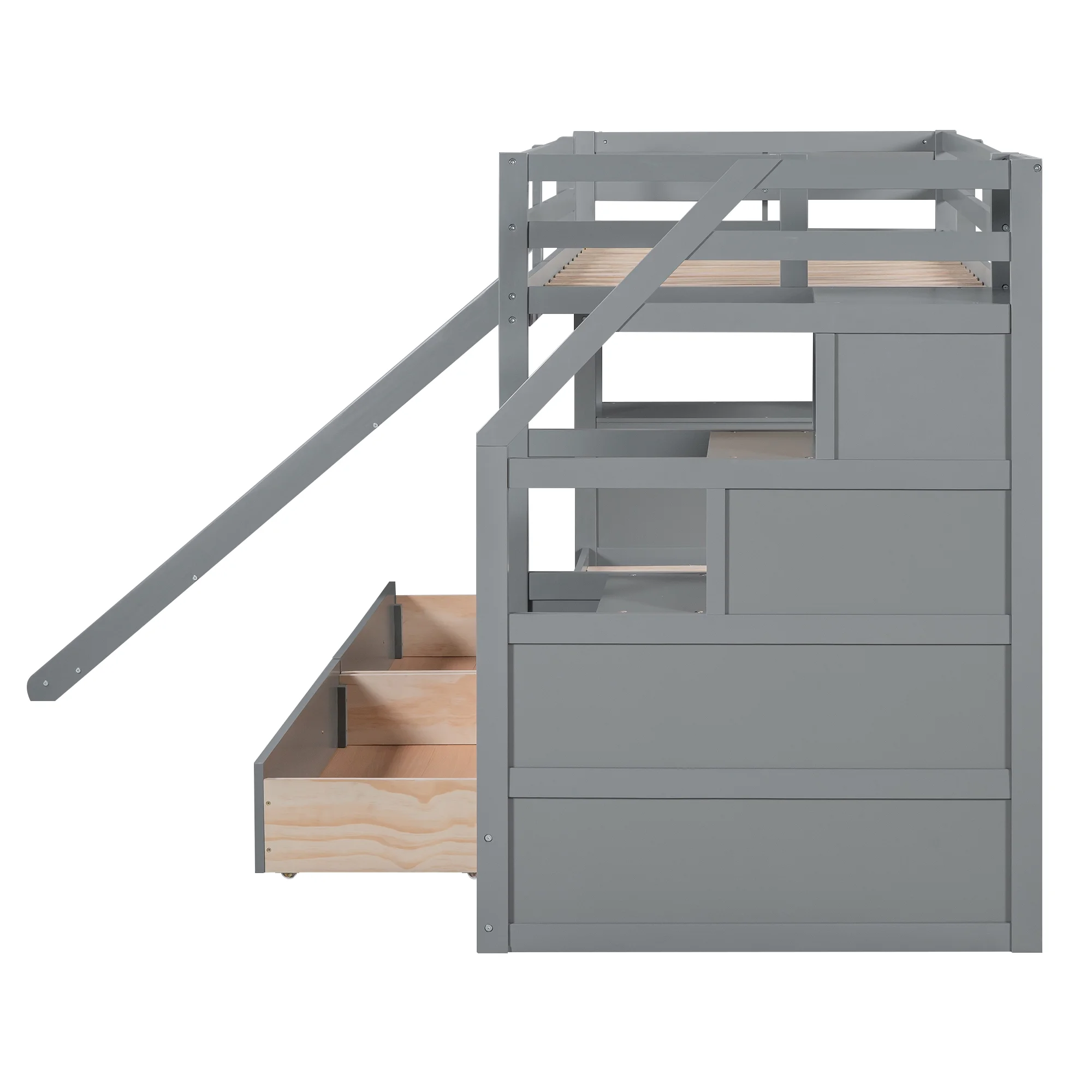 Euroco Wood Twin over Twin Bunk Bed with Desk and Slide, 4 Drawers and Shelf, Bookcase and Storage Staircase for Kids, Gray