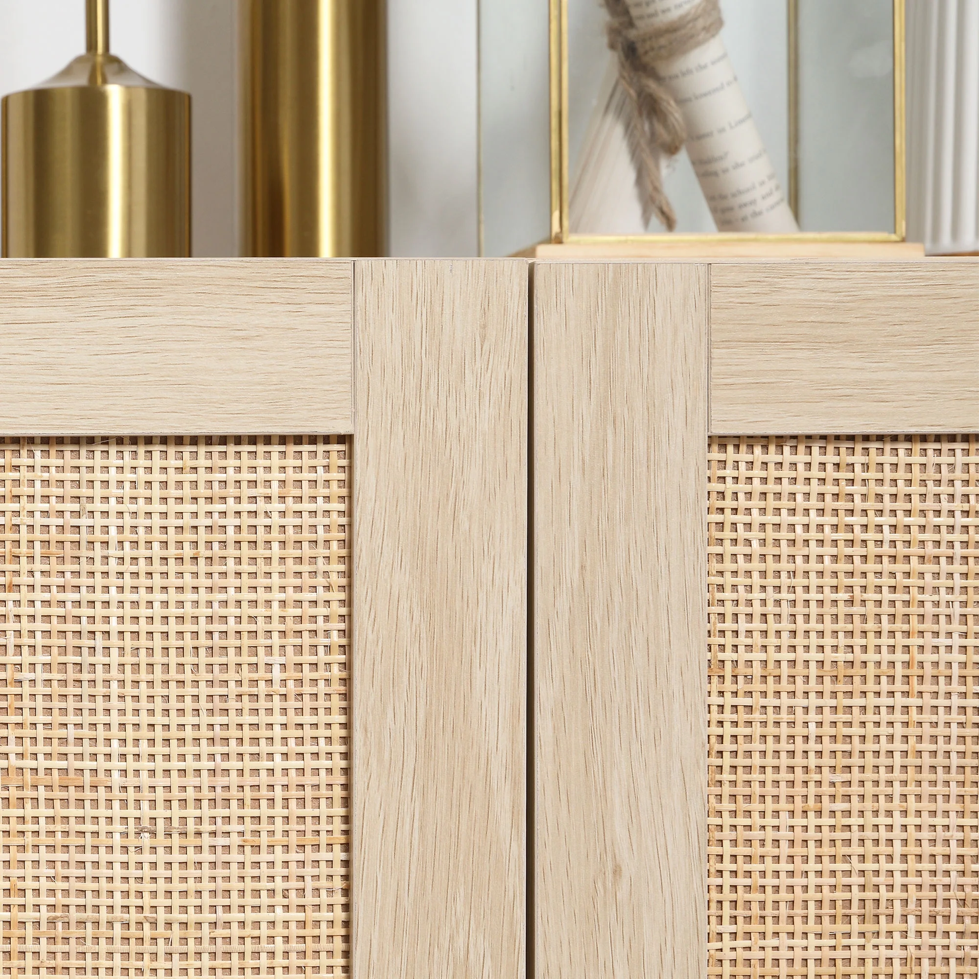 HOMCOM Kitchen Storage Cabinet with Rattan Doors and Adjustable Shelves