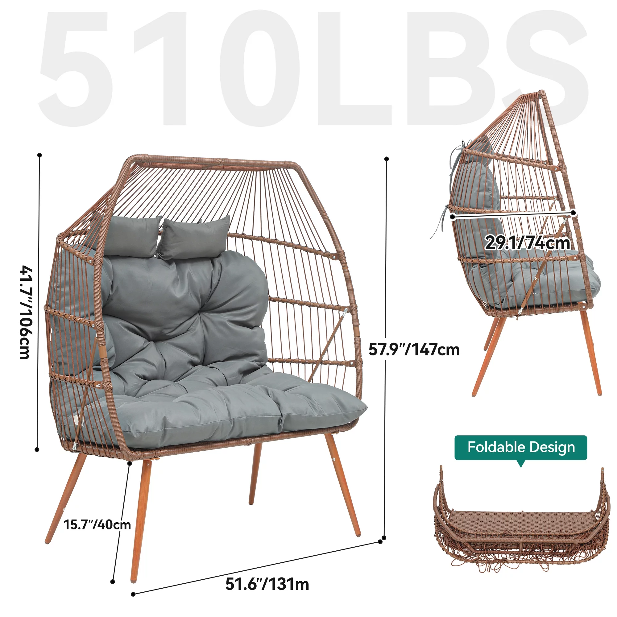 Dextrus Double Egg Chair with Legs 2 Person Wicker Egg Chair Indoor Outdoor Patio Egg Chair with Cushions 510lbs for Patio, Bedroom, Garden and Balcony, Gray